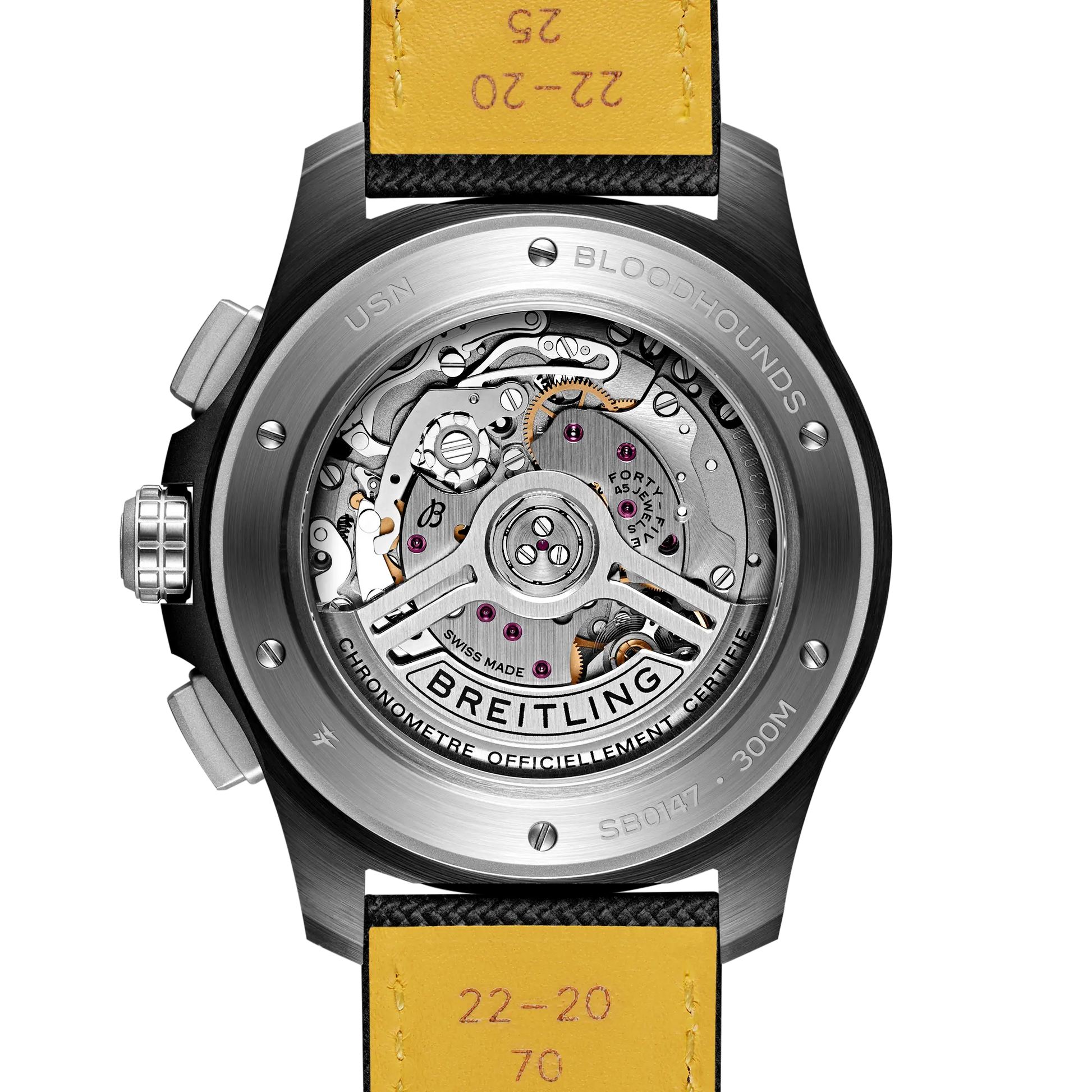Caseback view of Breitling Avenger B01 Chronograph 44 Night Mission Bloodhounds reference SB01472A1B1X1