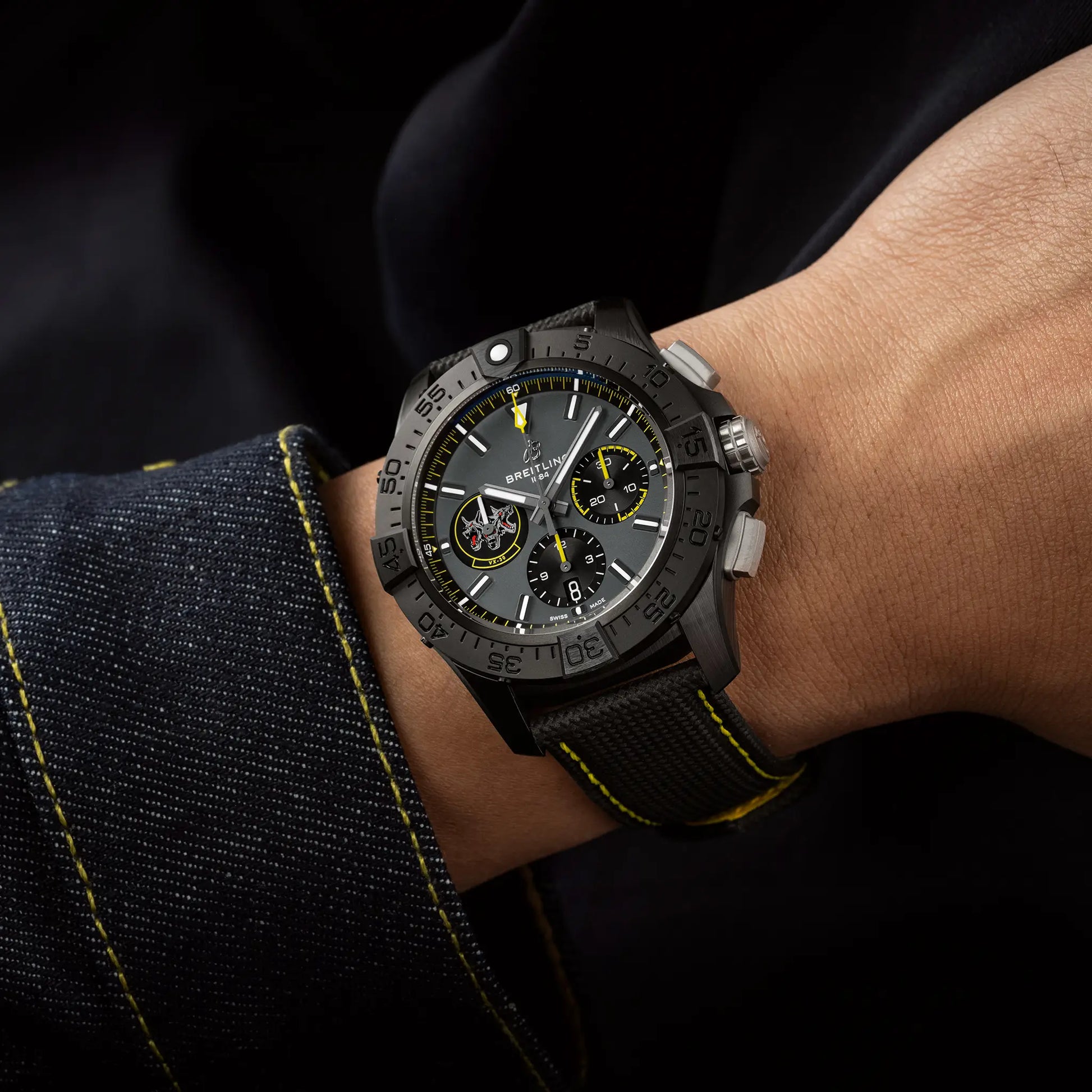 Breitling Avenger B01 Chronograph 44 Night Mission Bloodhounds reference SB01472A1B1X1 with Anthracite dial, Ceramic case, calfskin strap, on-wrist view