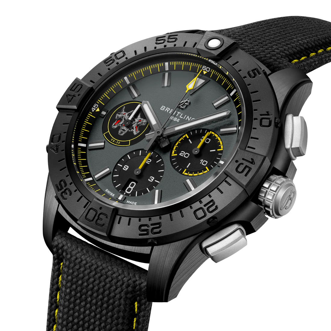 Breitling Avenger B01 Chronograph 44 Night Mission Bloodhounds reference SB01472A1B1X1 with Anthracite dial, Ceramic case, calfskin strap, front view
