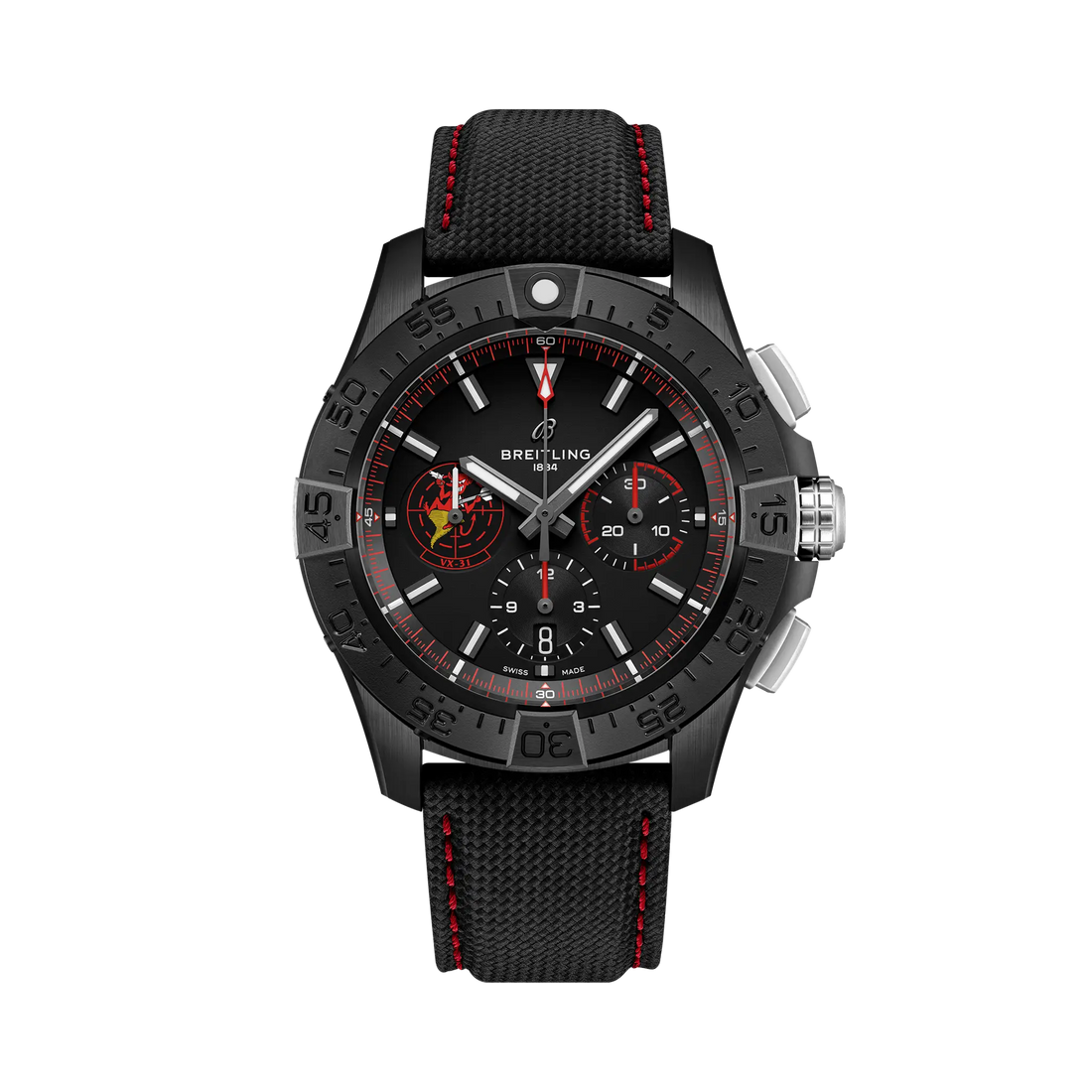 Breitling Avenger B01 Chronograph 44 Night Mission Dust Devils reference SB01473A1B1X1 with Black dial, Ceramic case, calfskin strap, front view