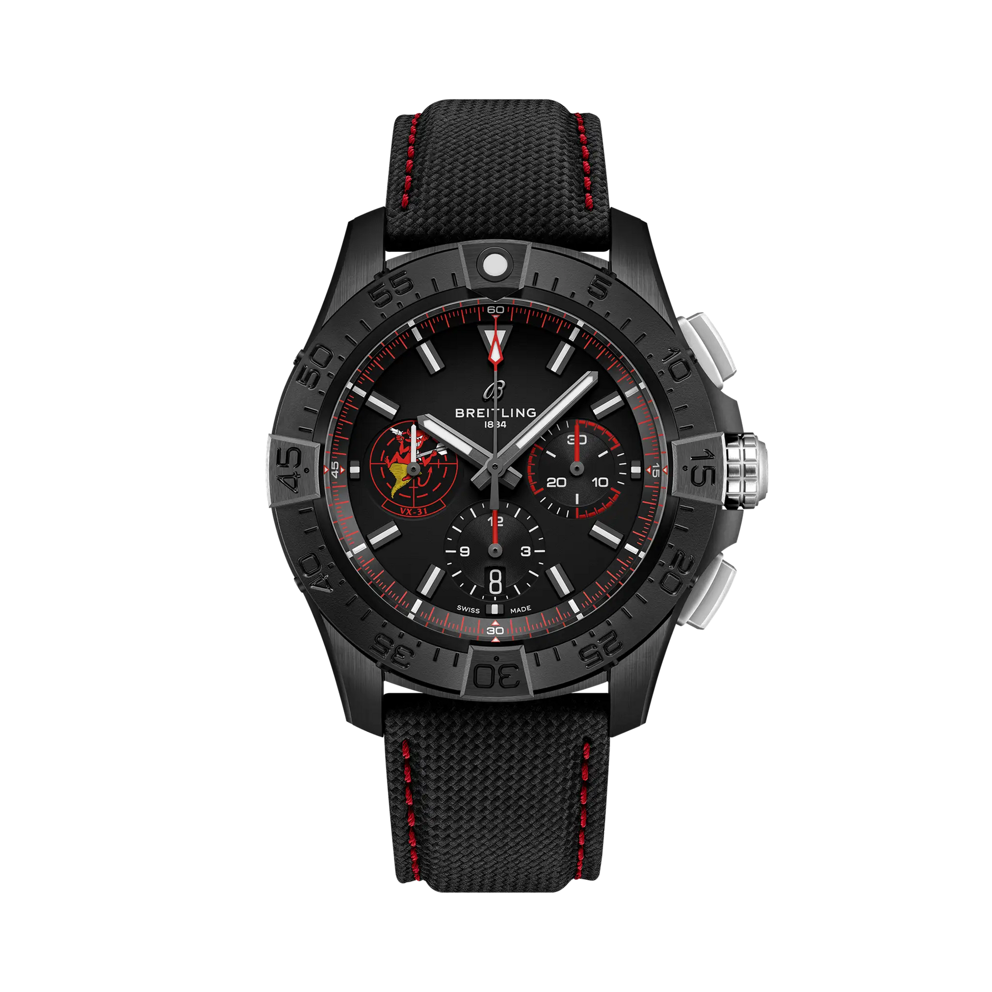 Breitling Avenger B01 Chronograph 44 Night Mission Dust Devils reference SB01473A1B1X1 with Black dial, Ceramic case, calfskin strap, front view
