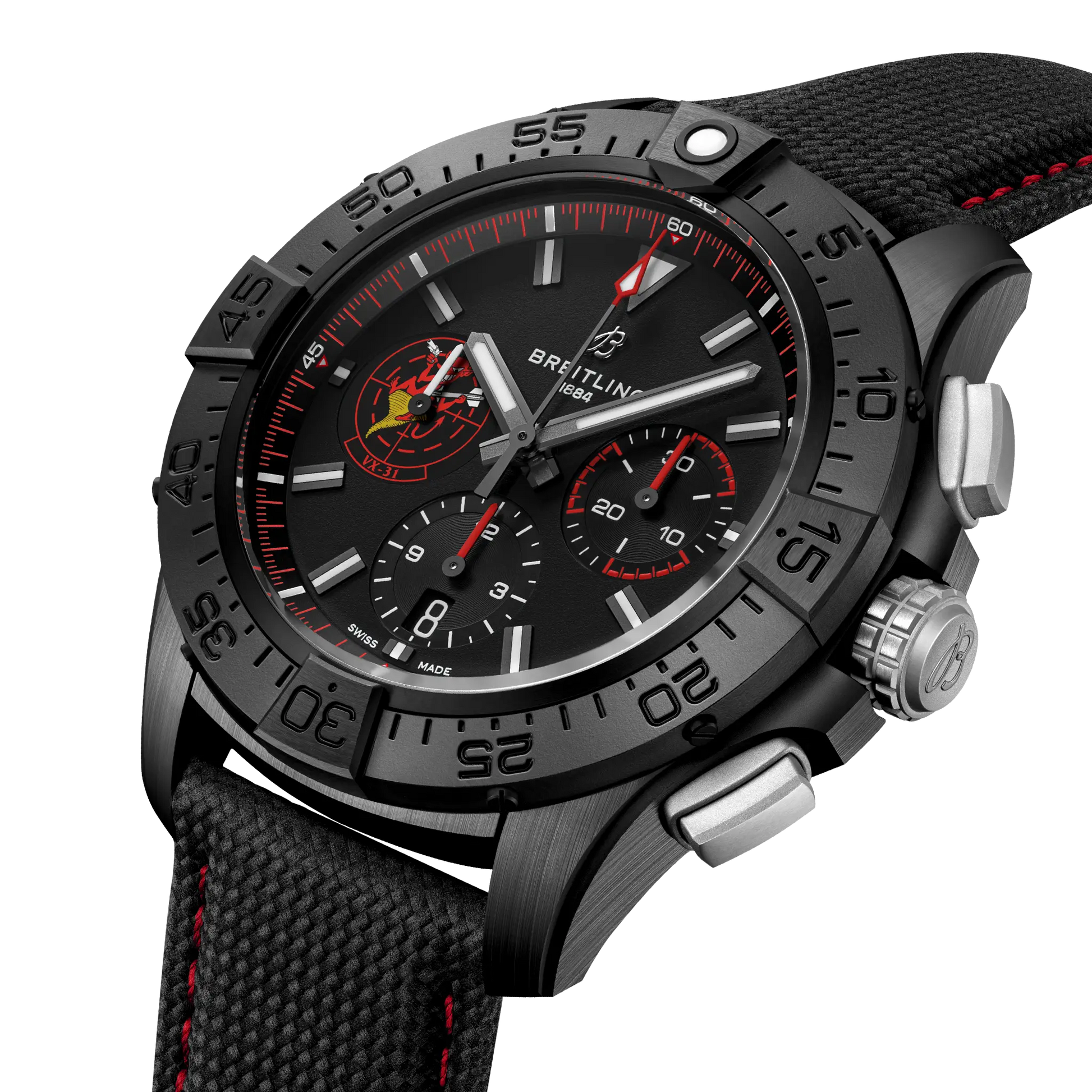 Breitling Avenger B01 Chronograph 44 Night Mission Dust Devils reference SB01473A1B1X1 with Black dial, Ceramic case, calfskin strap, three-quarter view