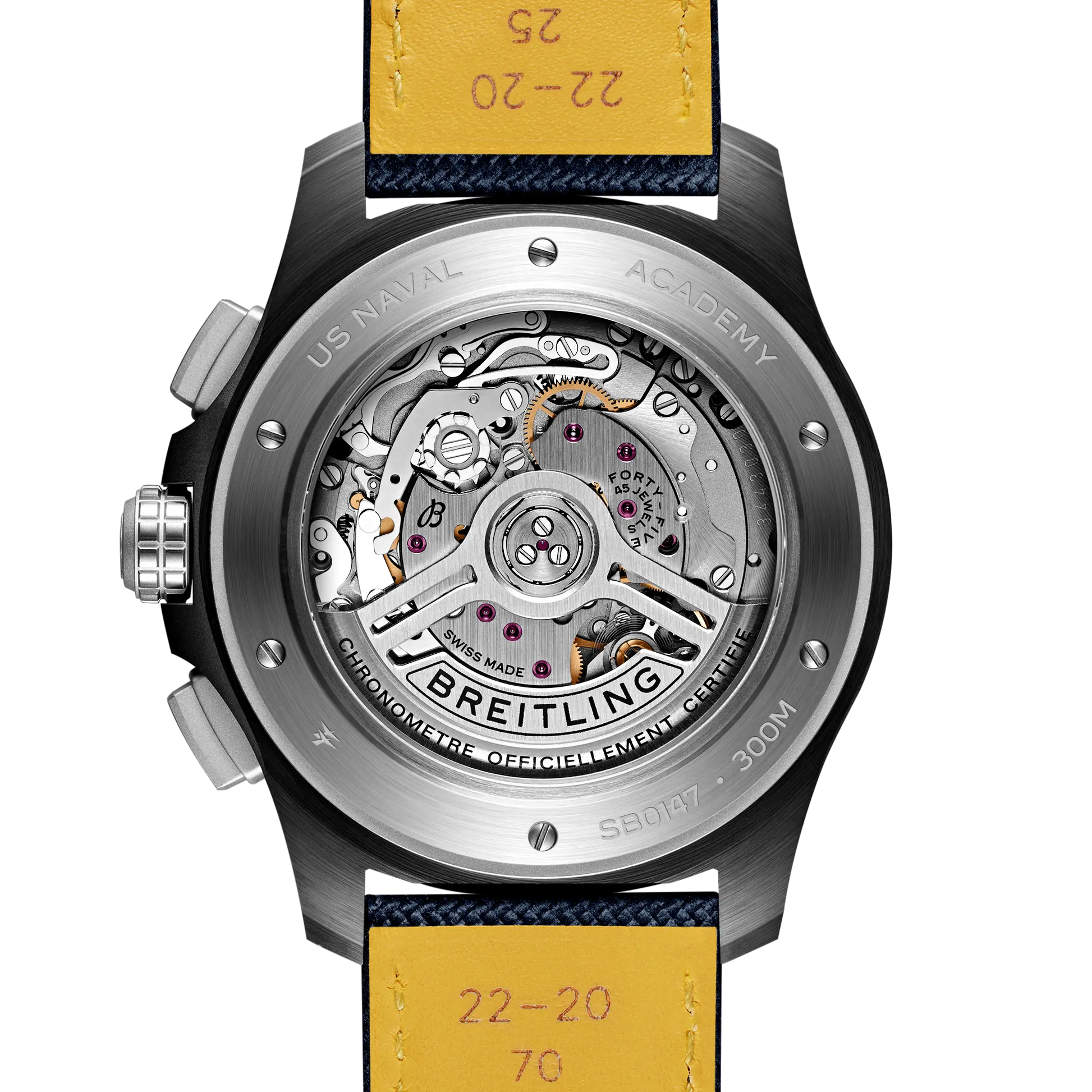 Caseback view of Breitling Avenger B01 Chronograph 44 Night Mission US Naval Academy reference SB01474A1C1X1