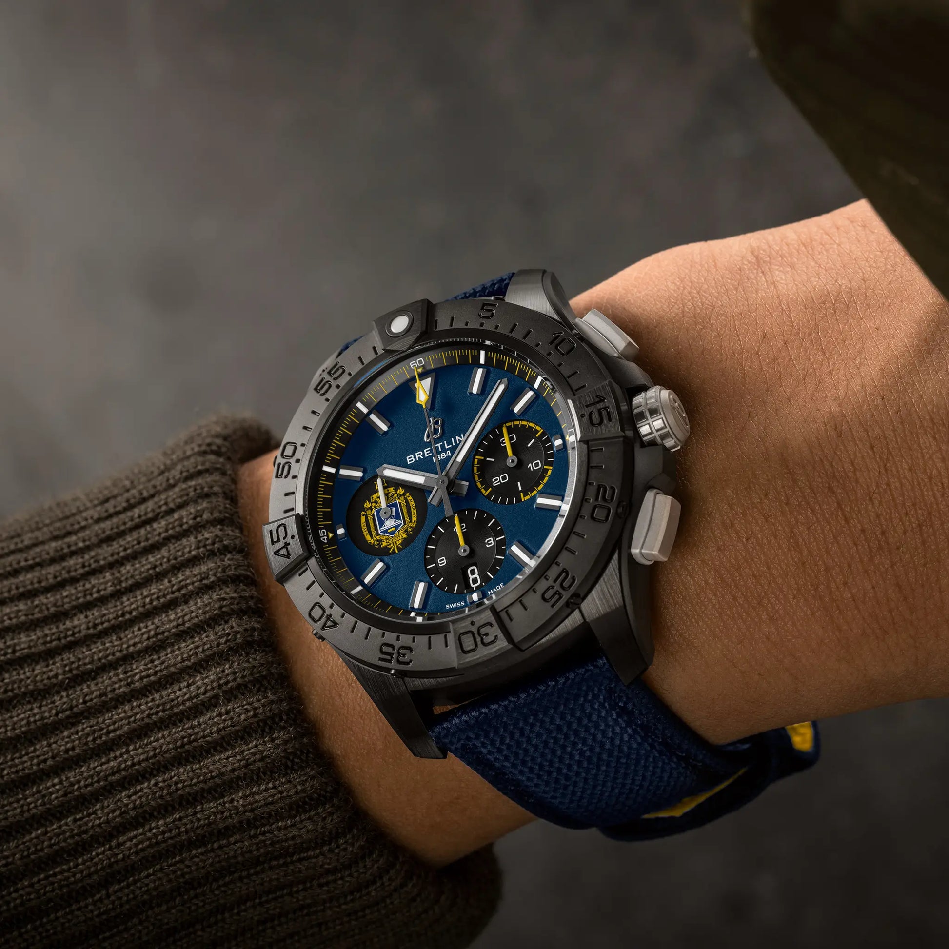 Breitling Avenger B01 Chronograph 44 Night Mission US Naval Academy reference SB01474A1C1X1 with Blue dial, Ceramic case, calfskin strap, on-wrist view