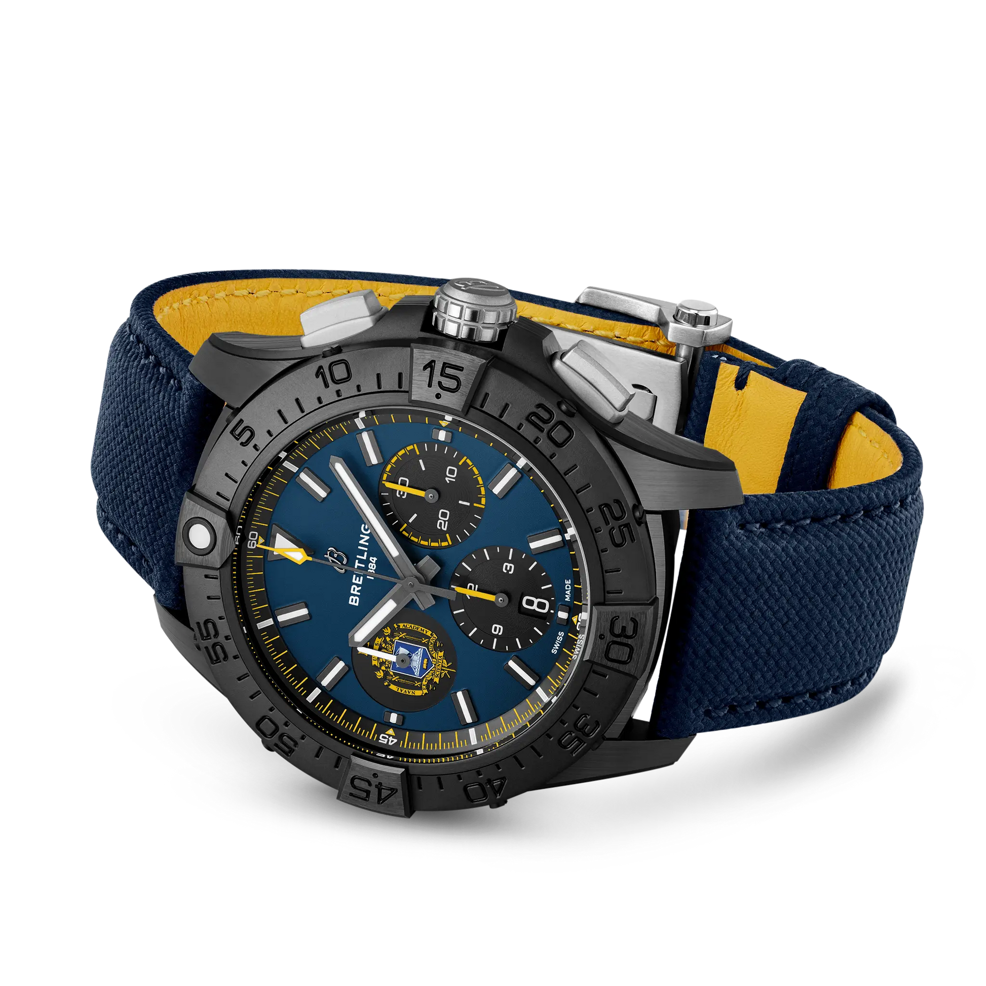 Breitling Avenger B01 Chronograph 44 Night Mission US Naval Academy reference SB01474A1C1X1 with Blue dial, Ceramic case, calfskin strap, bracelet or strap configuration view