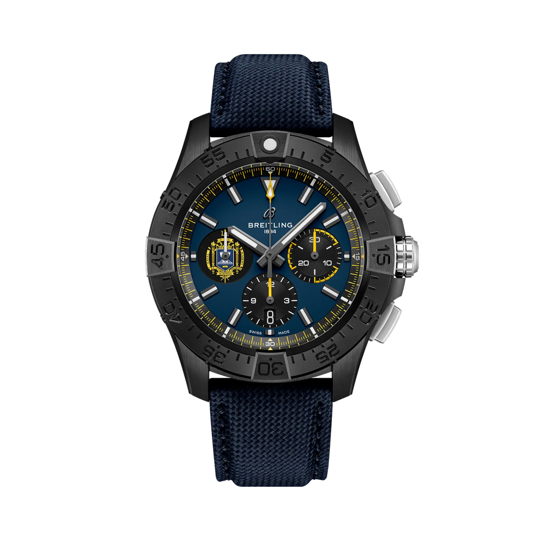 Breitling Avenger B01 Chronograph 44 Night Mission US Naval Academy reference SB01474A1C1X1 with Blue dial, Ceramic case, calfskin strap, front view
