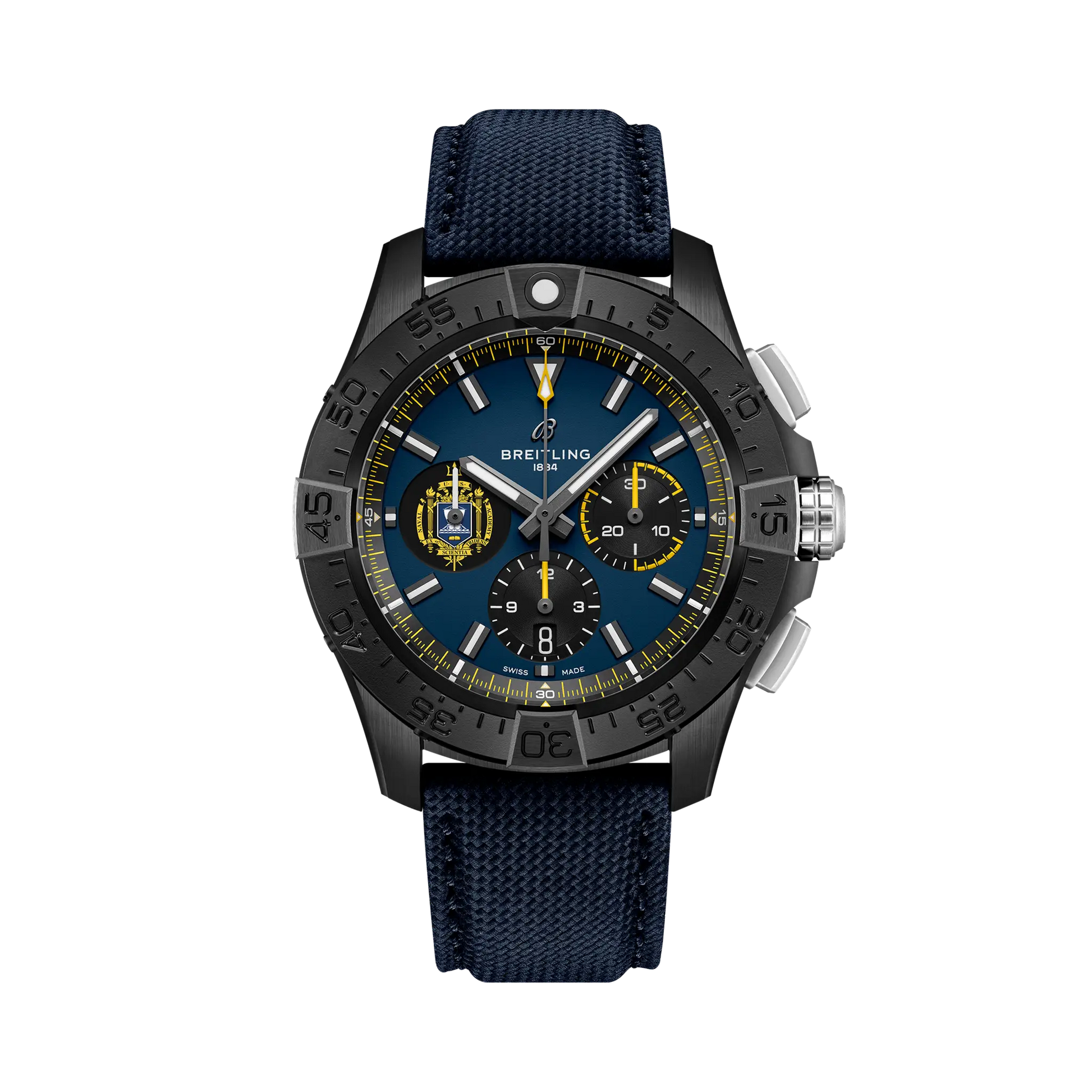 Breitling Avenger B01 Chronograph 44 Night Mission US Naval Academy reference SB01474A1C1X1 with Blue dial, Ceramic case, calfskin strap, front view