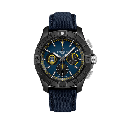Breitling Avenger B01 Chronograph 44 Night Mission US Naval Academy reference SB01474A1C1X1 with Blue dial, Ceramic case, calfskin strap, front view