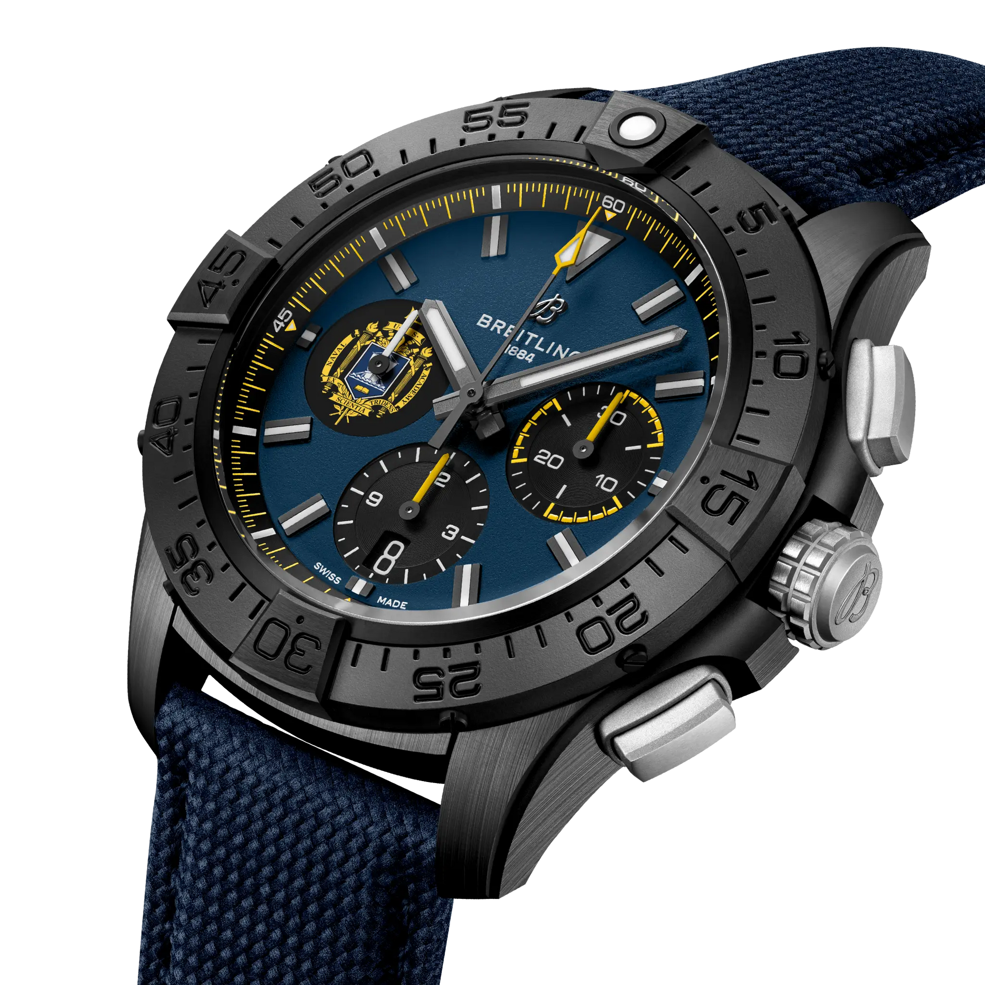 Breitling Avenger B01 Chronograph 44 Night Mission US Naval Academy reference SB01474A1C1X1 with Blue dial, Ceramic case, calfskin strap, three-quarter view