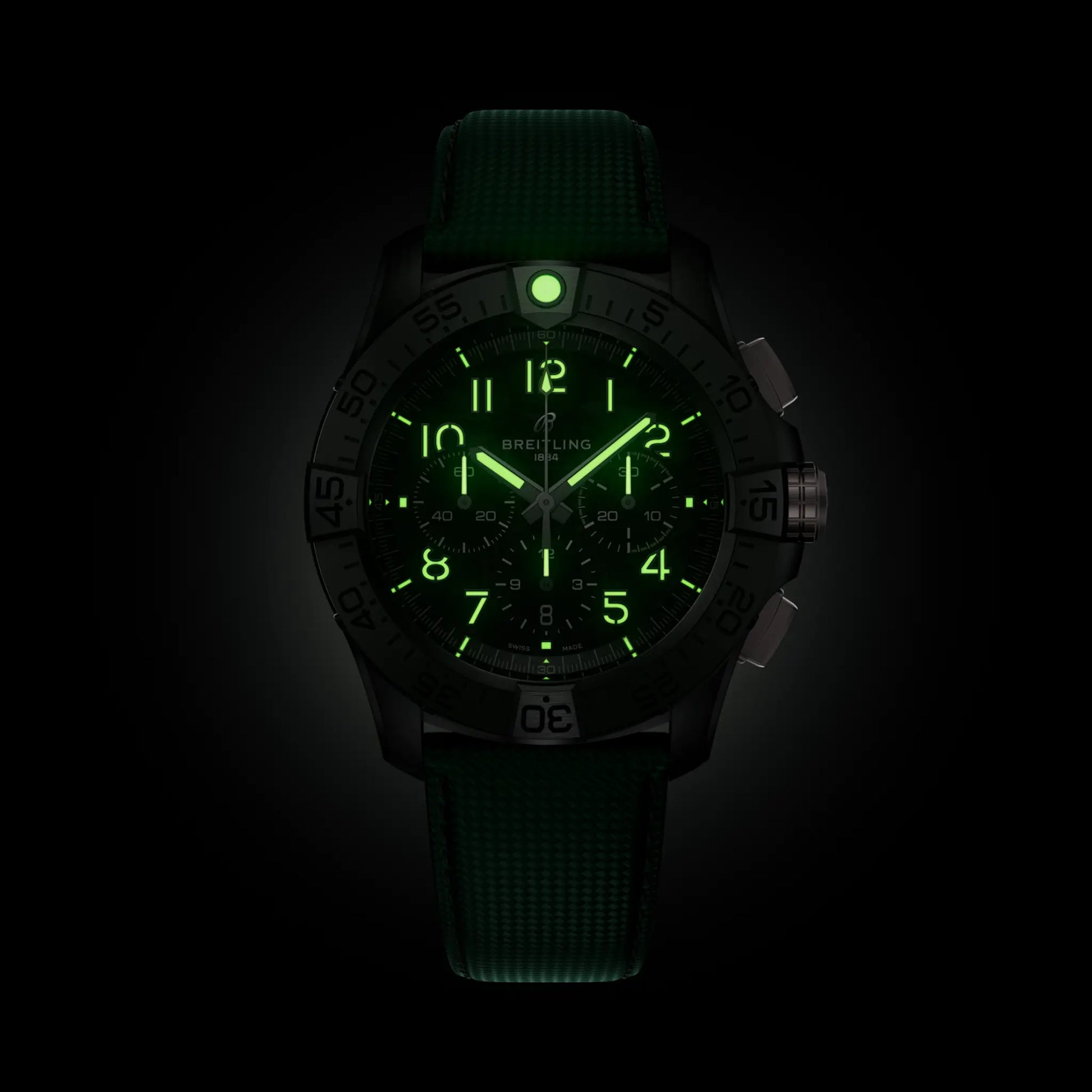Breitling Super Avenger B01 Chronograph 46 Night Mission reference SB0148101B1X1 with Carbon dial, Ceramic case, calfskin strap, illuminated dial view