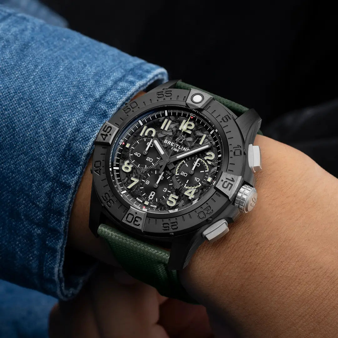 Breitling Super Avenger B01 Chronograph 46 Night Mission reference SB0148101B1X1 with Carbon dial, Ceramic case, calfskin strap, on-wrist view