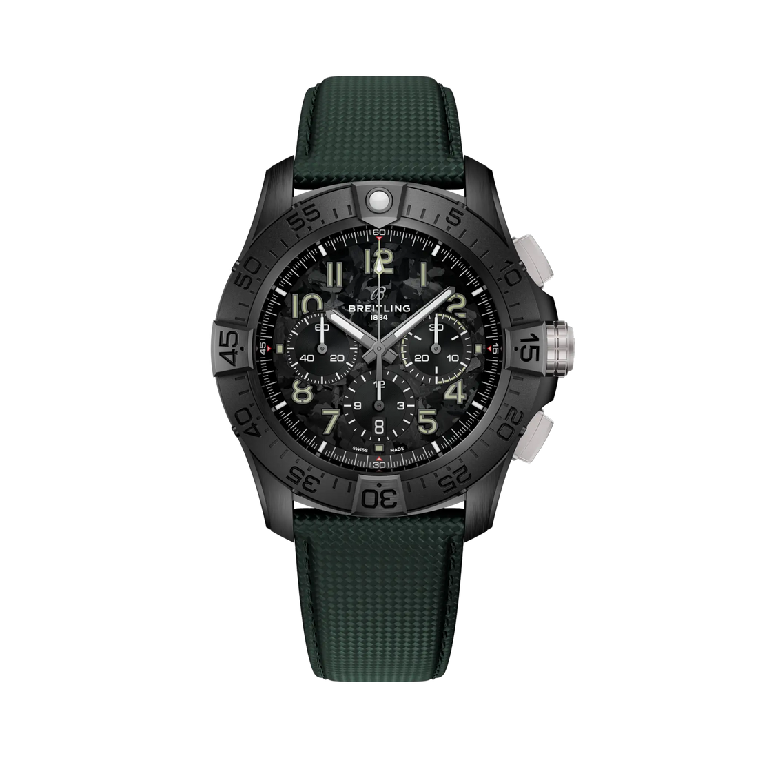 Breitling Super Avenger B01 Chronograph 46 Night Mission reference SB0148101B1X1 with Carbon dial, Ceramic case, calfskin strap, front view