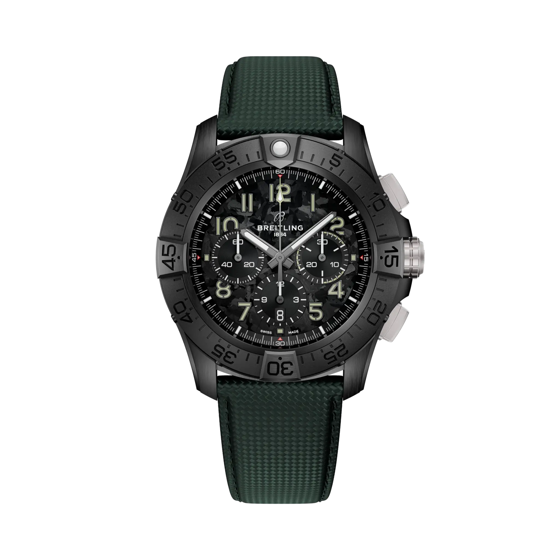 Breitling Super Avenger B01 Chronograph 46 Night Mission reference SB0148101B1X1 with Carbon dial, Ceramic case, calfskin strap, front view