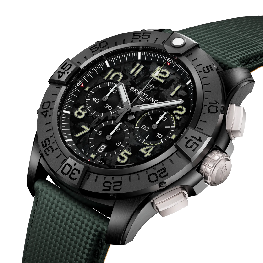 Breitling Super Avenger B01 Chronograph 46 Night Mission reference SB0148101B1X1 with Carbon dial, Ceramic case, calfskin strap, front view