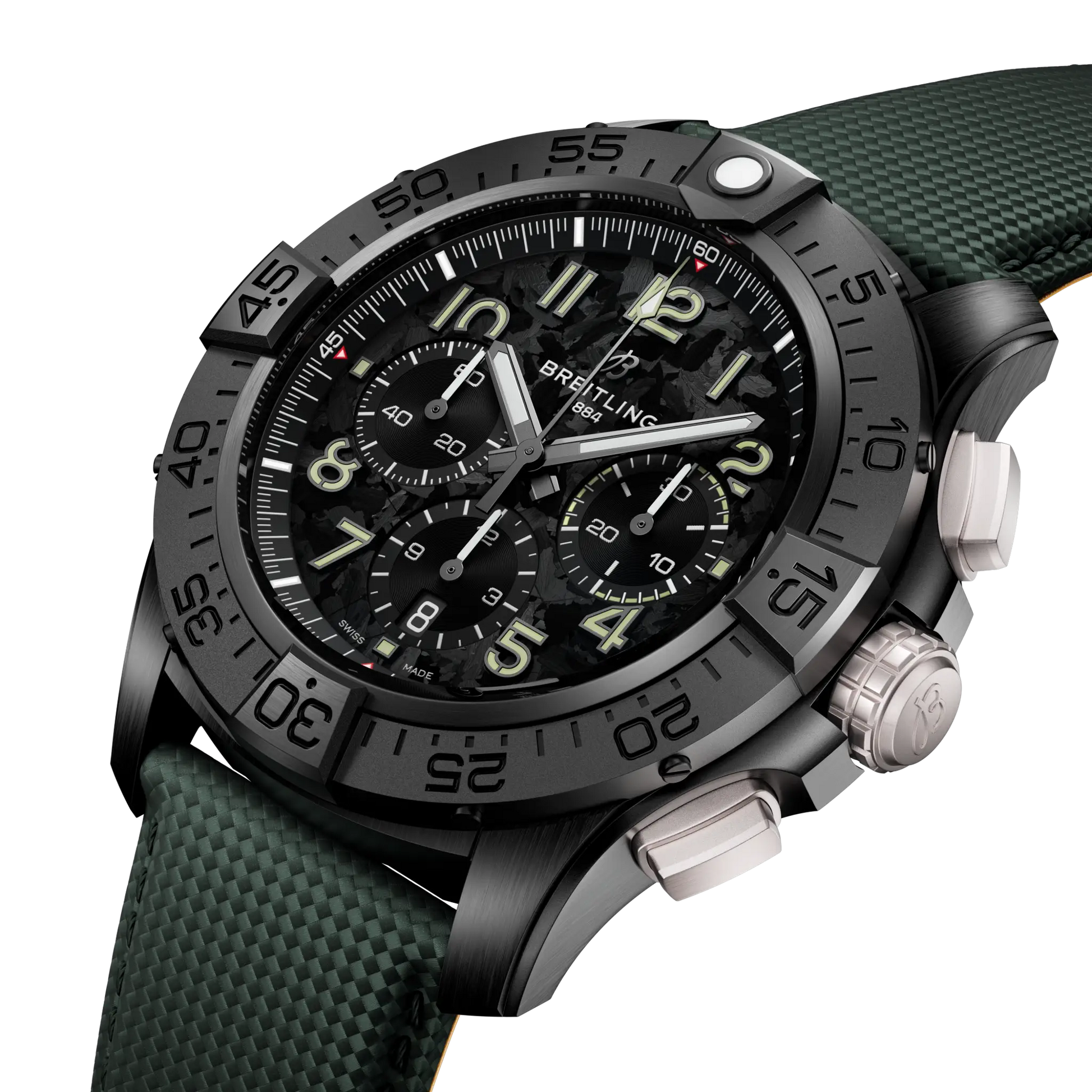 Breitling Super Avenger B01 Chronograph 46 Night Mission reference SB0148101B1X1 with Carbon dial, Ceramic case, calfskin strap, three-quarter view