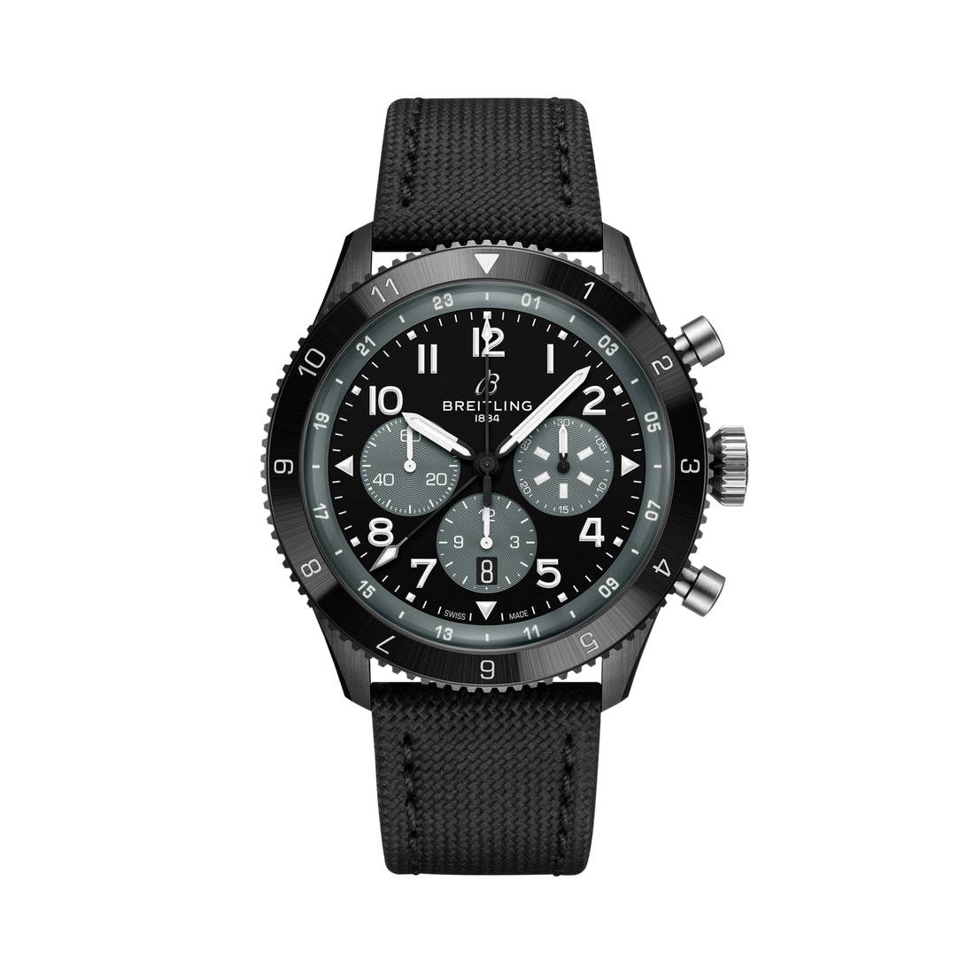 Breitling Super AVI B04 Chronograph GMT 46 Mosquito Night Fighter reference SB04451A1B1X1 with Black dial, Ceramic case, black calfskin strap, front view