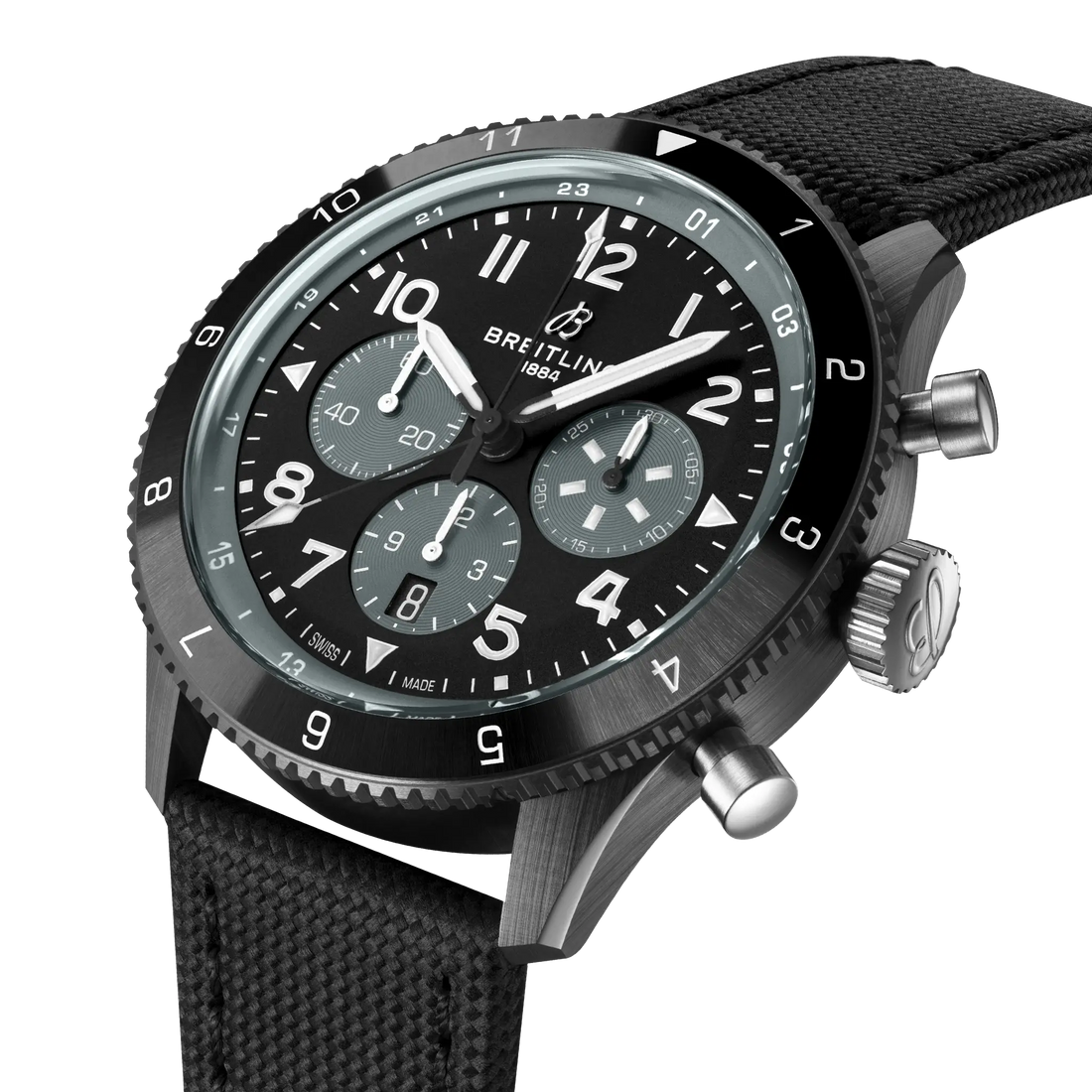 Breitling Super AVI B04 Chronograph GMT 46 Mosquito Night Fighter reference SB04451A1B1X1 with Black dial, Ceramic case, black calfskin strap, three-quarter view