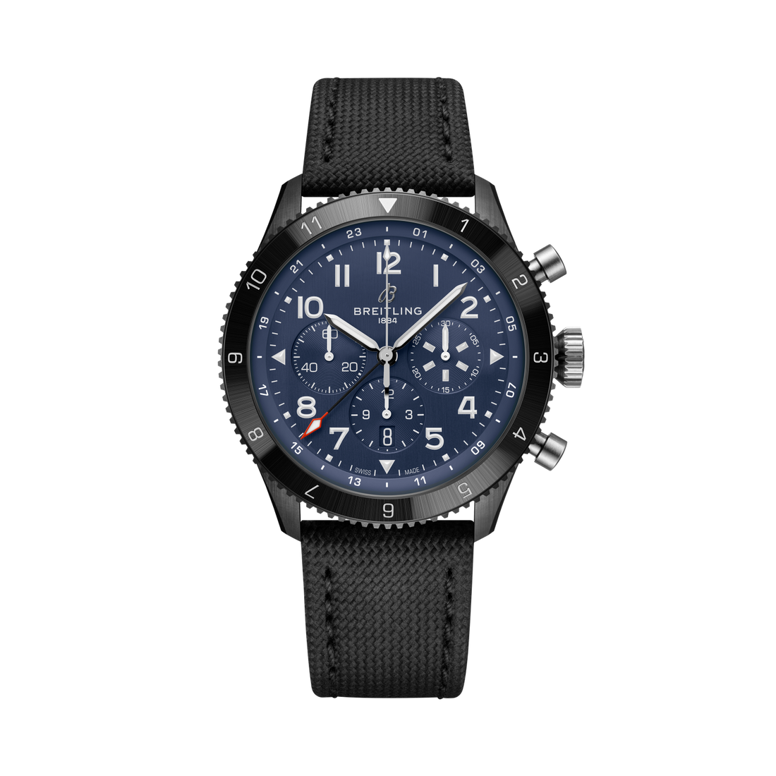 Breitling Super AVI B04 Chronograph GMT 46 Tribute to Vought F4U Corsair reference SB04452A1C1X1 with Blue dial, Ceramic case, calfskin strap, front view