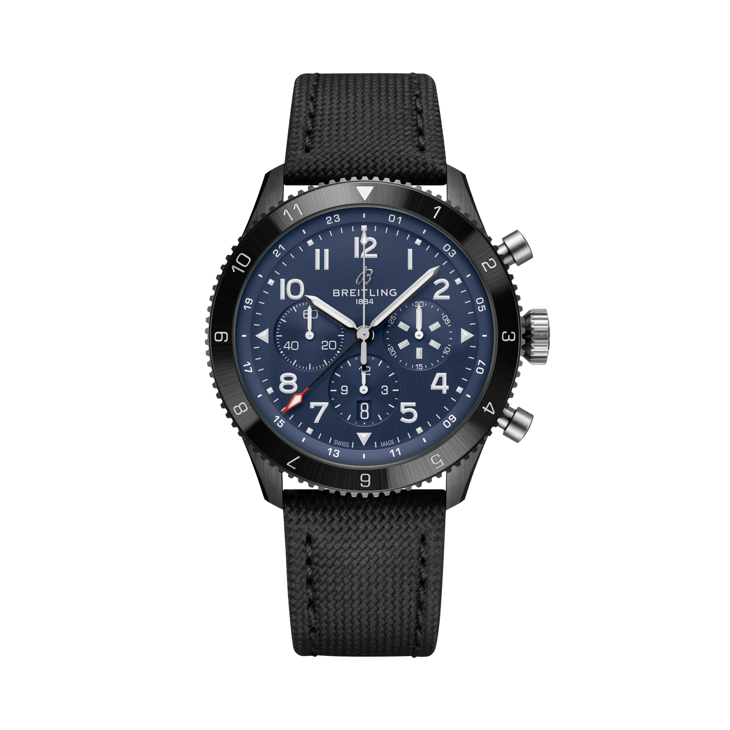 Breitling Super AVI B04 Chronograph GMT 46 Tribute to Vought F4U Corsair reference SB04452A1C1X1 with Blue dial, Ceramic case, calfskin strap, front view