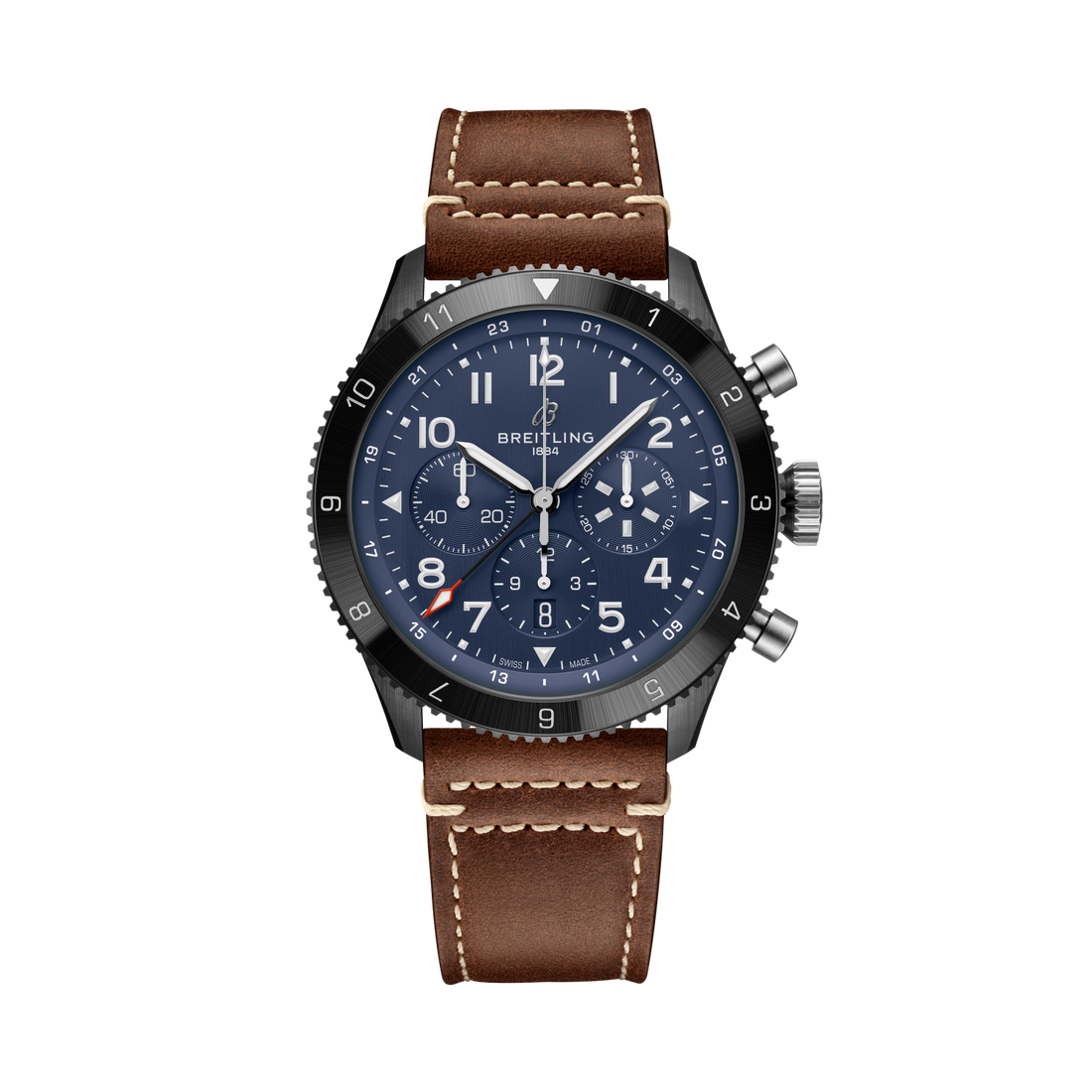 Breitling Super AVI B04 Chronograph GMT 46 Tribute to Vought F4U Corsair reference SB04452A1C1X2 with Blue dial, Ceramic case, calfskin strap, front view