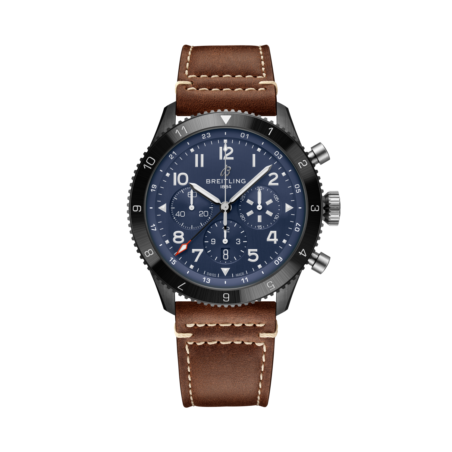 Breitling Super AVI B04 Chronograph GMT 46 Tribute to Vought F4U Corsair reference SB04452A1C1X2 with Blue dial, Ceramic case, calfskin strap, front view