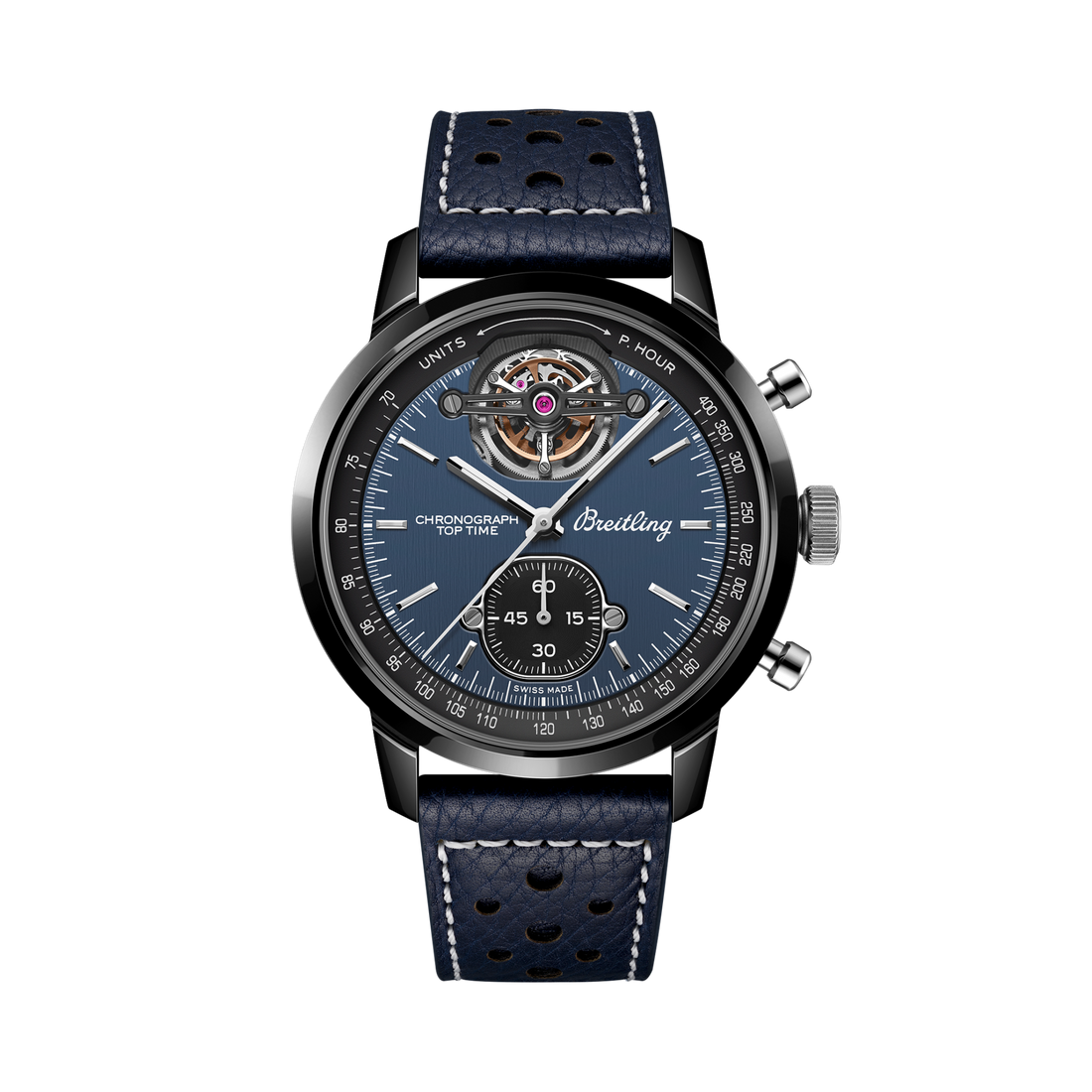 Breitling Top Time B21 Shelby Cobra reference SB21251A1C1X1 with Blue dial, Ceramic case, calfskin strap, front view