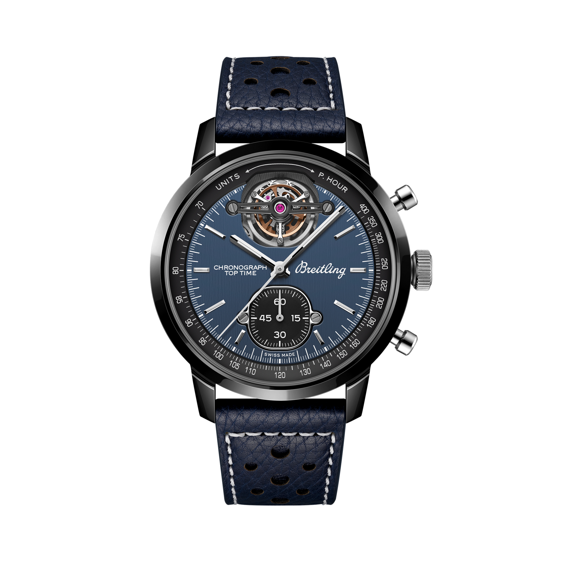 Breitling Top Time B21 Shelby Cobra reference SB21251A1C1X1 with Blue dial, Ceramic case, calfskin strap, front view