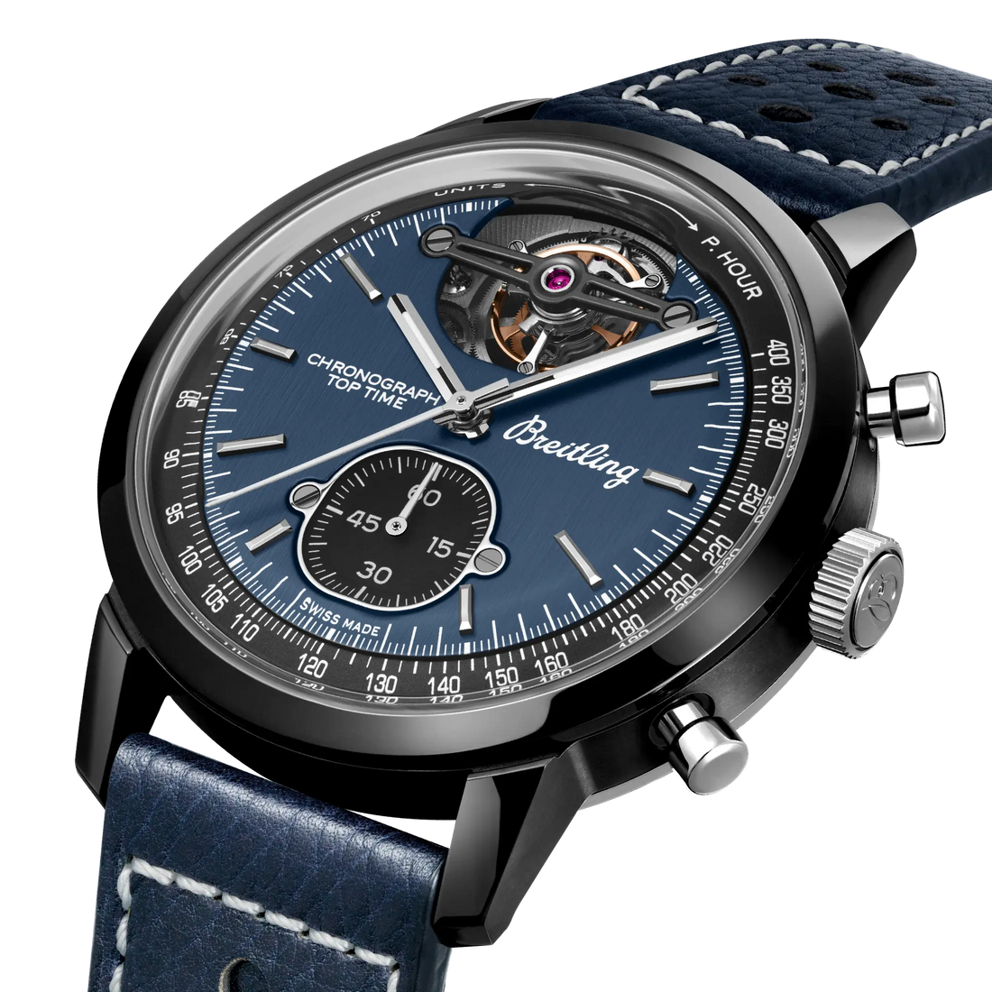 Breitling Top Time B21 Shelby Cobra reference SB21251A1C1X1 with Blue dial, Ceramic case, calfskin strap, three-quarter view