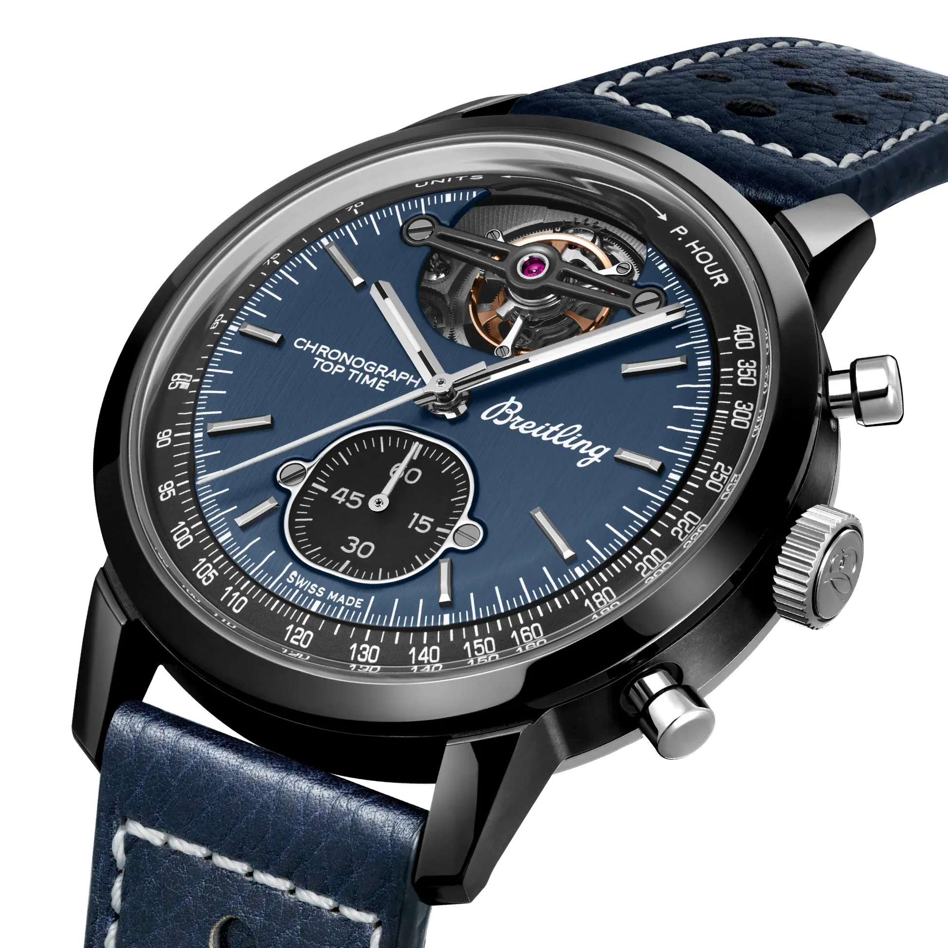 Breitling Top Time B21 Shelby Cobra reference SB21251A1C1X1 with Blue dial, Ceramic case, calfskin strap, three-quarter view