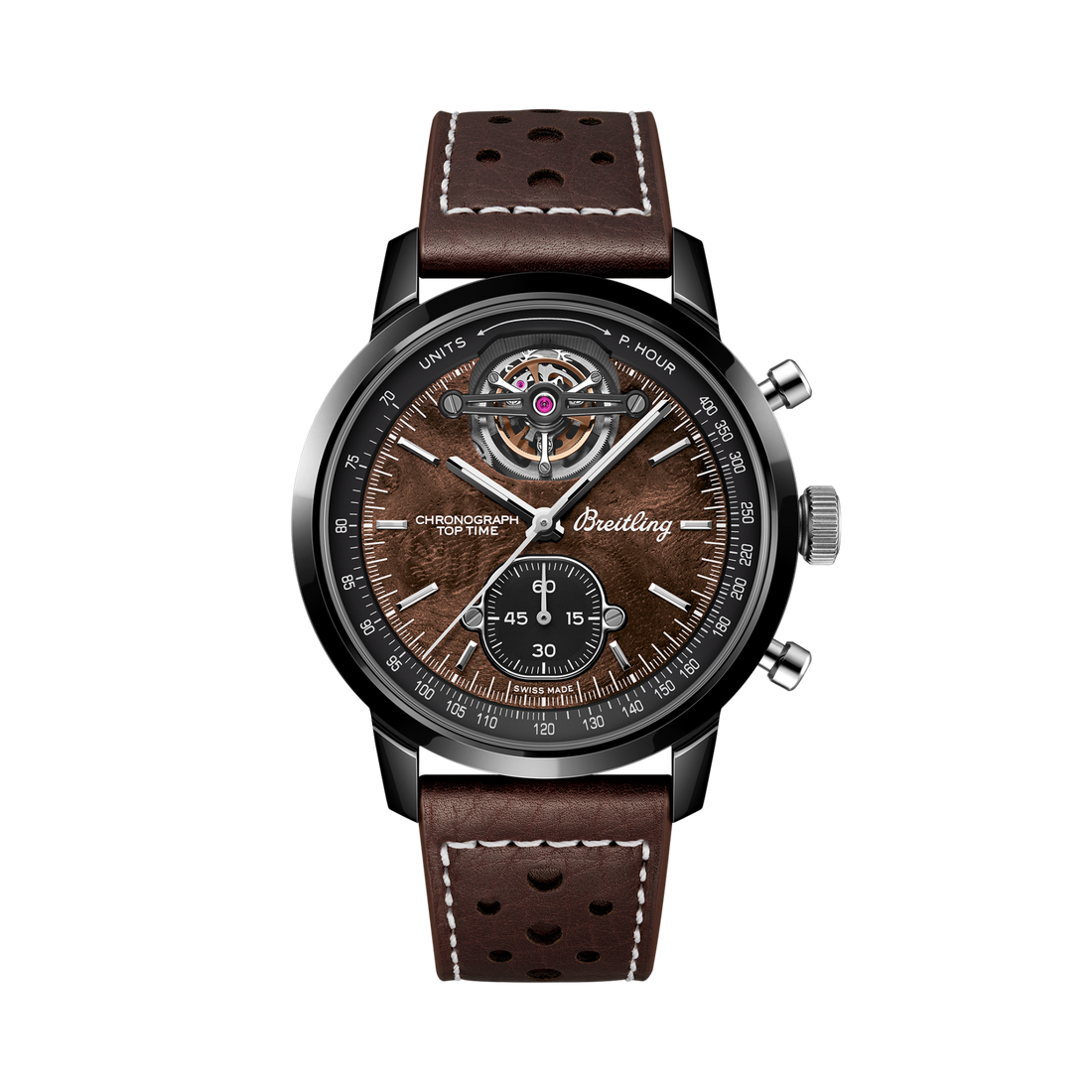 Breitling Top Time B21 Chevrolet Corvette reference SB21252A1Q1X1 with Walnut burl dial, Ceramic case, calfskin strap, front view