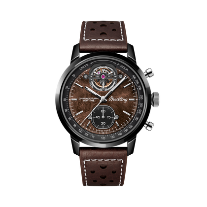Breitling Top Time B21 Chevrolet Corvette reference SB21252A1Q1X1 with Walnut burl dial, Ceramic case, calfskin strap, front view