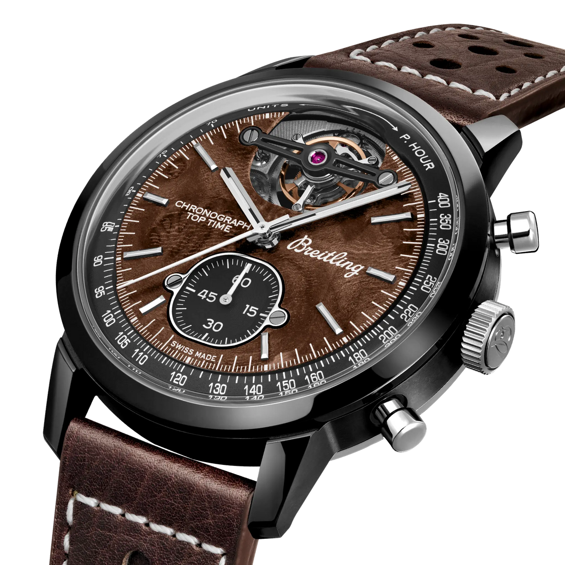 Breitling Top Time B21 Chevrolet Corvette reference SB21252A1Q1X1 with Walnut burl dial, Ceramic case, calfskin strap, three-quarter view