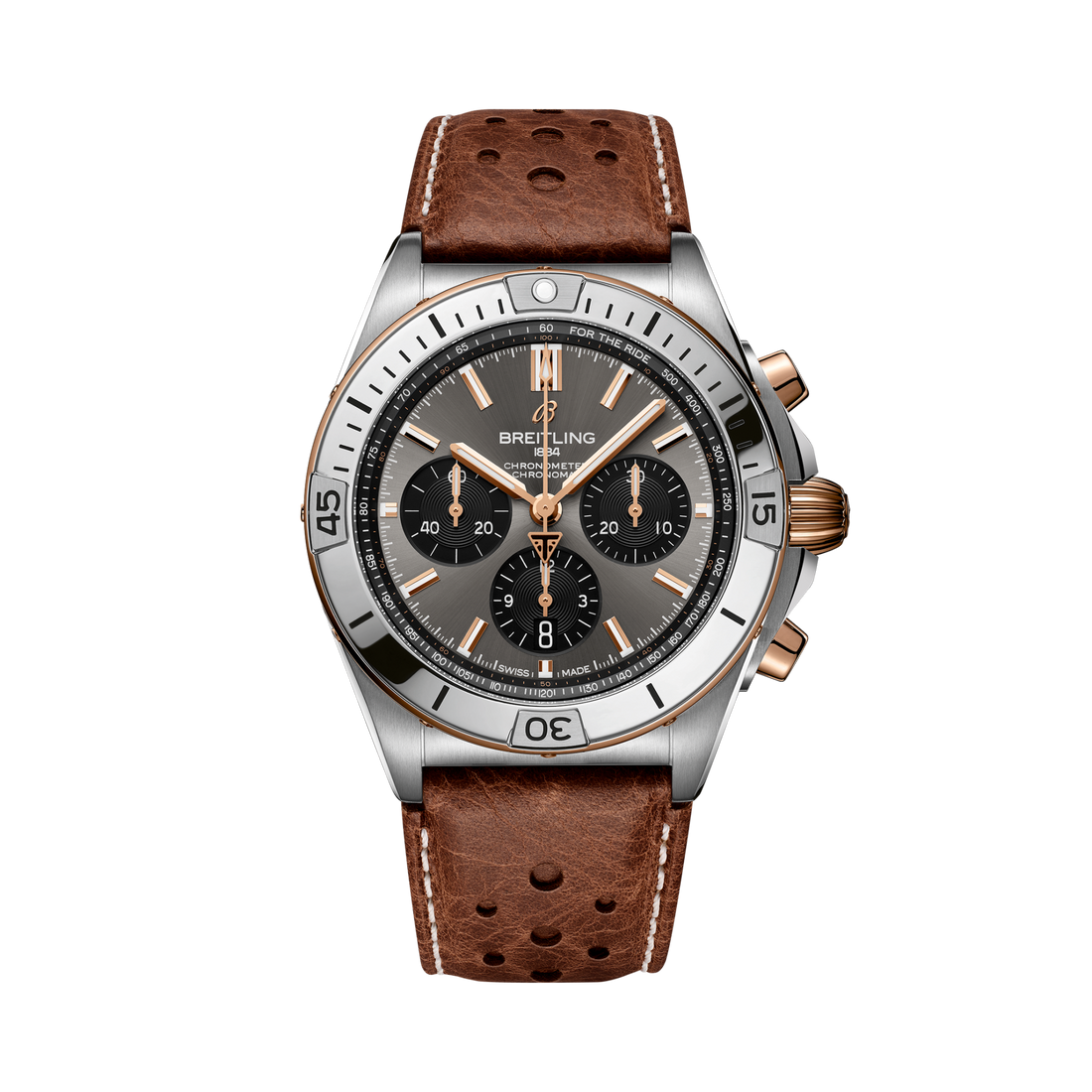 Breitling Chronomat B01 42 Triumph reference TB0134101M1X1 with Anthracite dial, Titanium & 18K red gold case, brown calfskin strap, front view