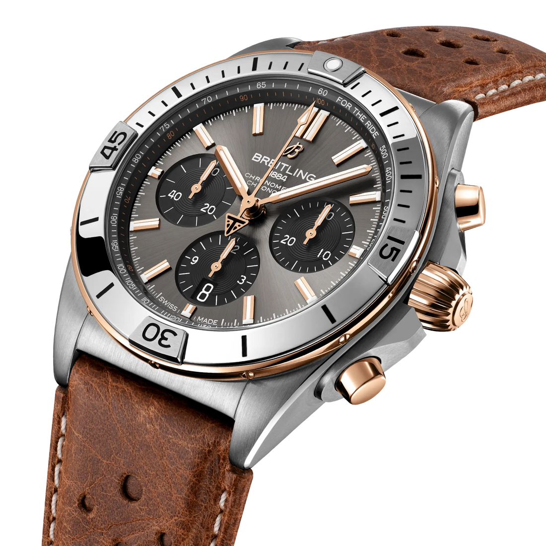 Breitling Chronomat B01 42 Triumph reference TB0134101M1X1 with Anthracite dial, Titanium & 18K red gold case, brown calfskin strap, front view