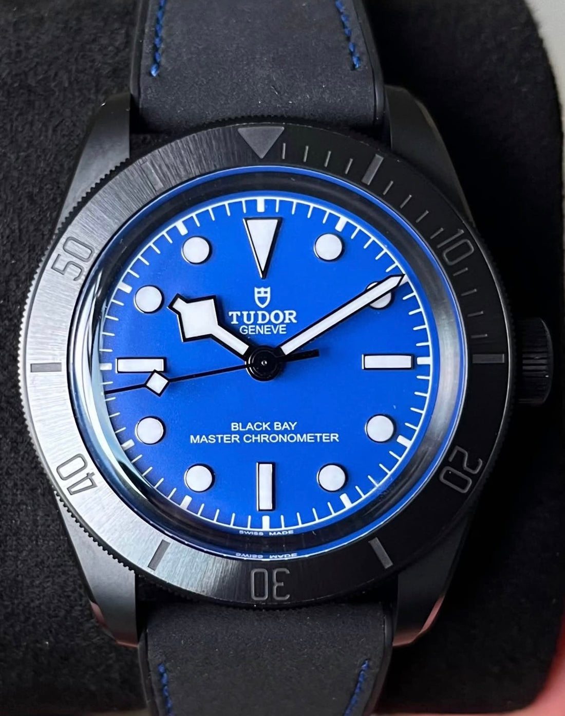 Tudor Black Bay Ceramic Blue M79210CNU-0007 unworn 2025, front view of the blue dial and black ceramic case