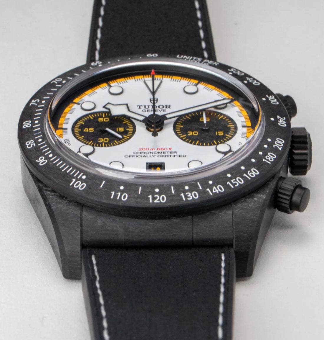 Tudor Black Bay Chrono Carbon 26 M79377KN-0003 racing-white dial three-quarter view