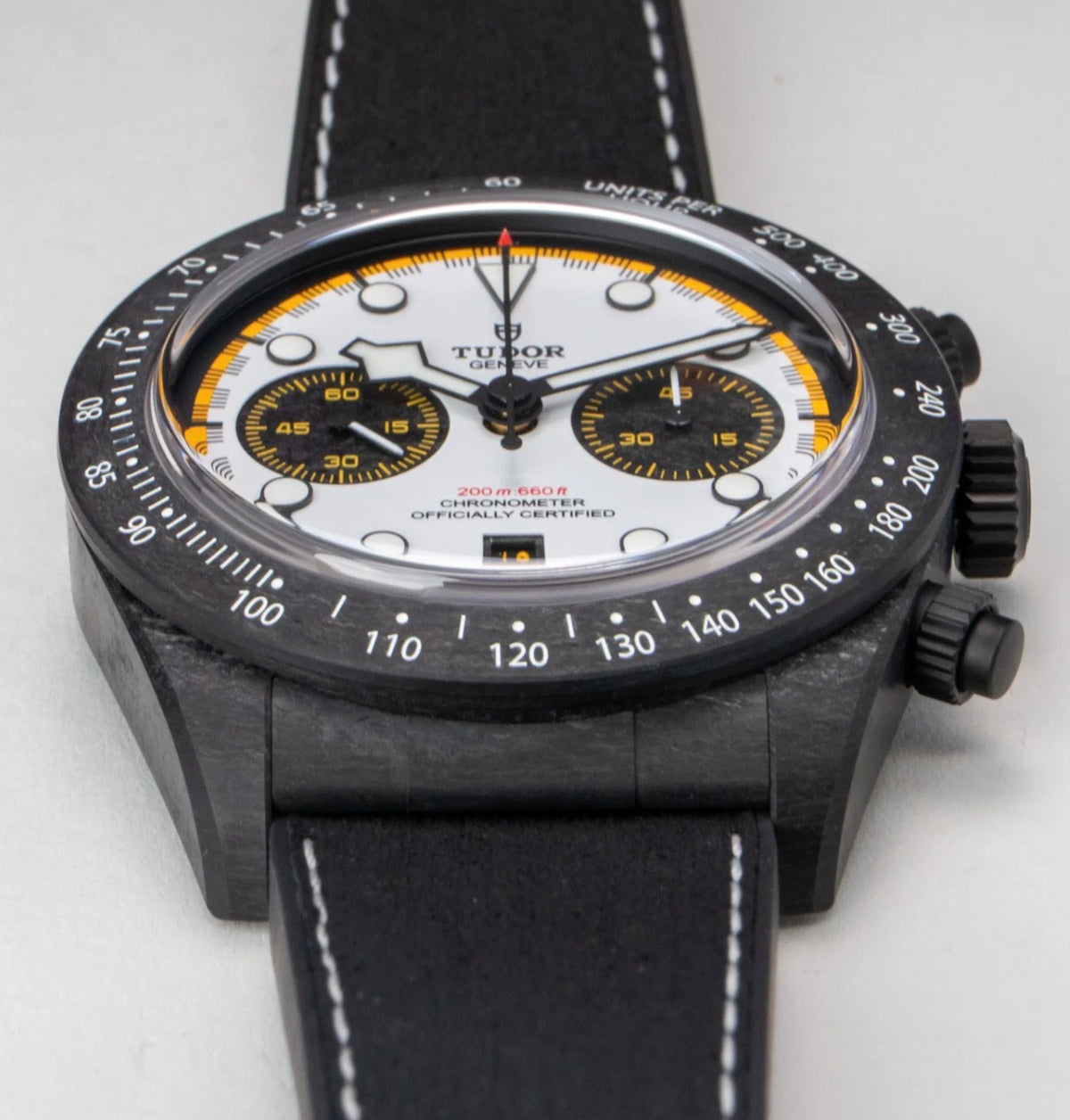 Tudor Black Bay Chrono Carbon 26 M79377KN-0003 racing-white dial three-quarter view