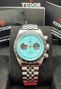 Tudor Black Bay Chrono M79360N-0024 front view with turquoise dial, Tudor box and papers