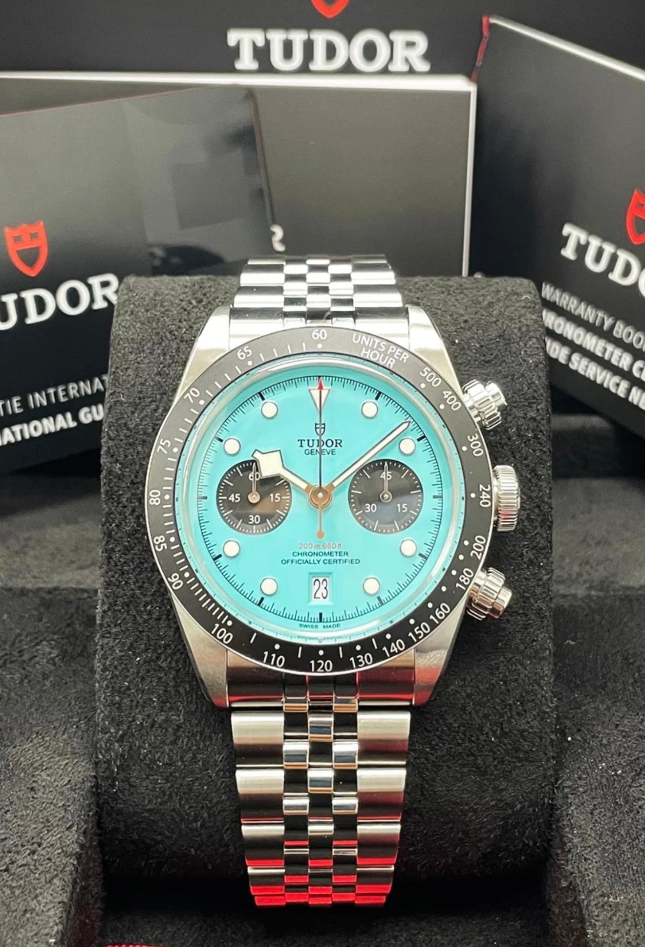 Tudor Black Bay Chrono M79360N-0024 front view with turquoise dial, Tudor box and papers