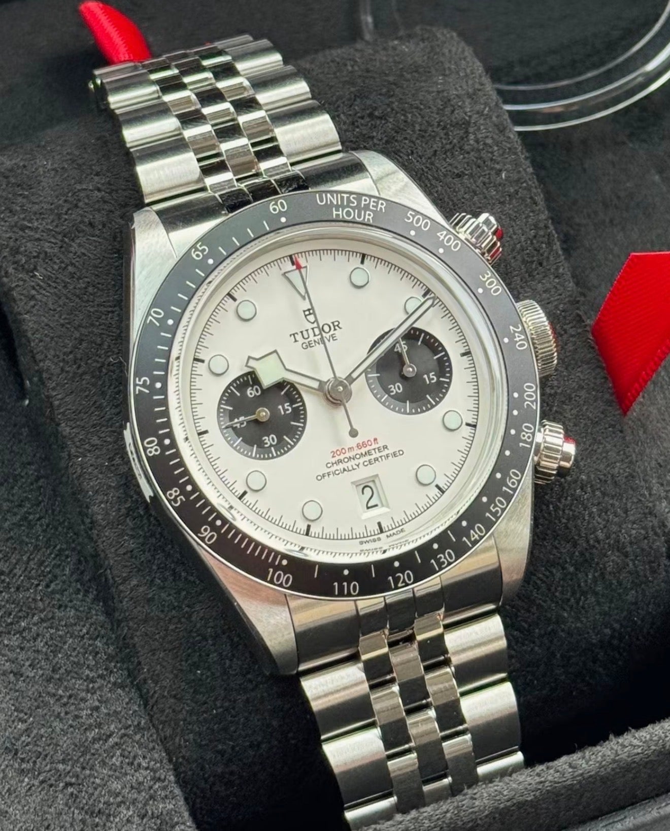 Tudor Black Bay Chrono Panda M79360N-0014 Unworn 2026 on a five-link steel bracelet with opaline dial and black chronograph counters