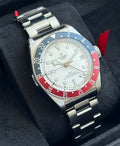 Tudor Black Bay GMT M79830RB-0010 with opaline dial, burgundy and blue 24-hour bezel, and riveted steel bracelet
