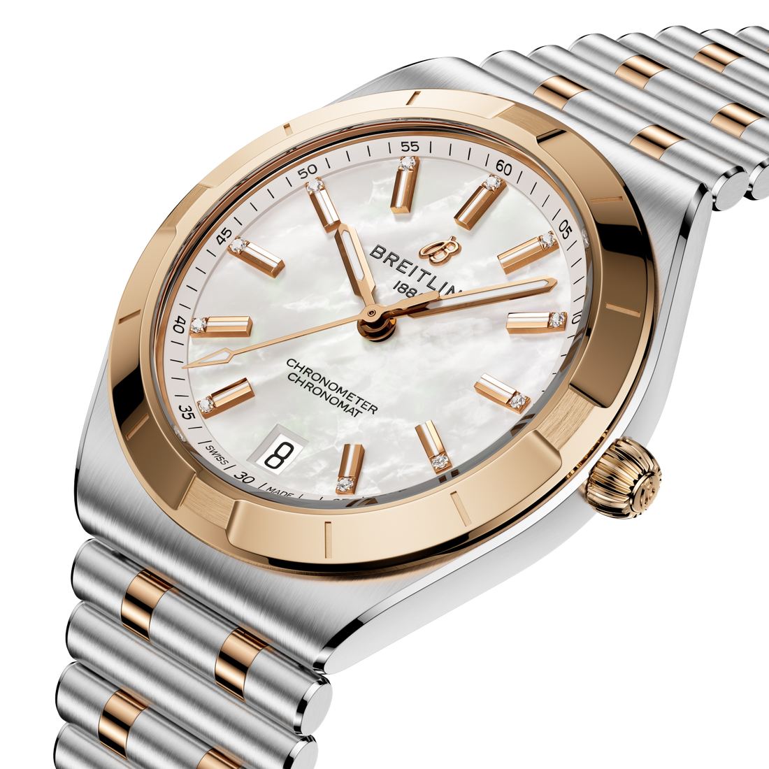Breitling Chronomat Automatic 36 reference U10320101A1U1 with Mother-of-pearl dial, Stainless steel & 18k red gold case, bracelet, front view