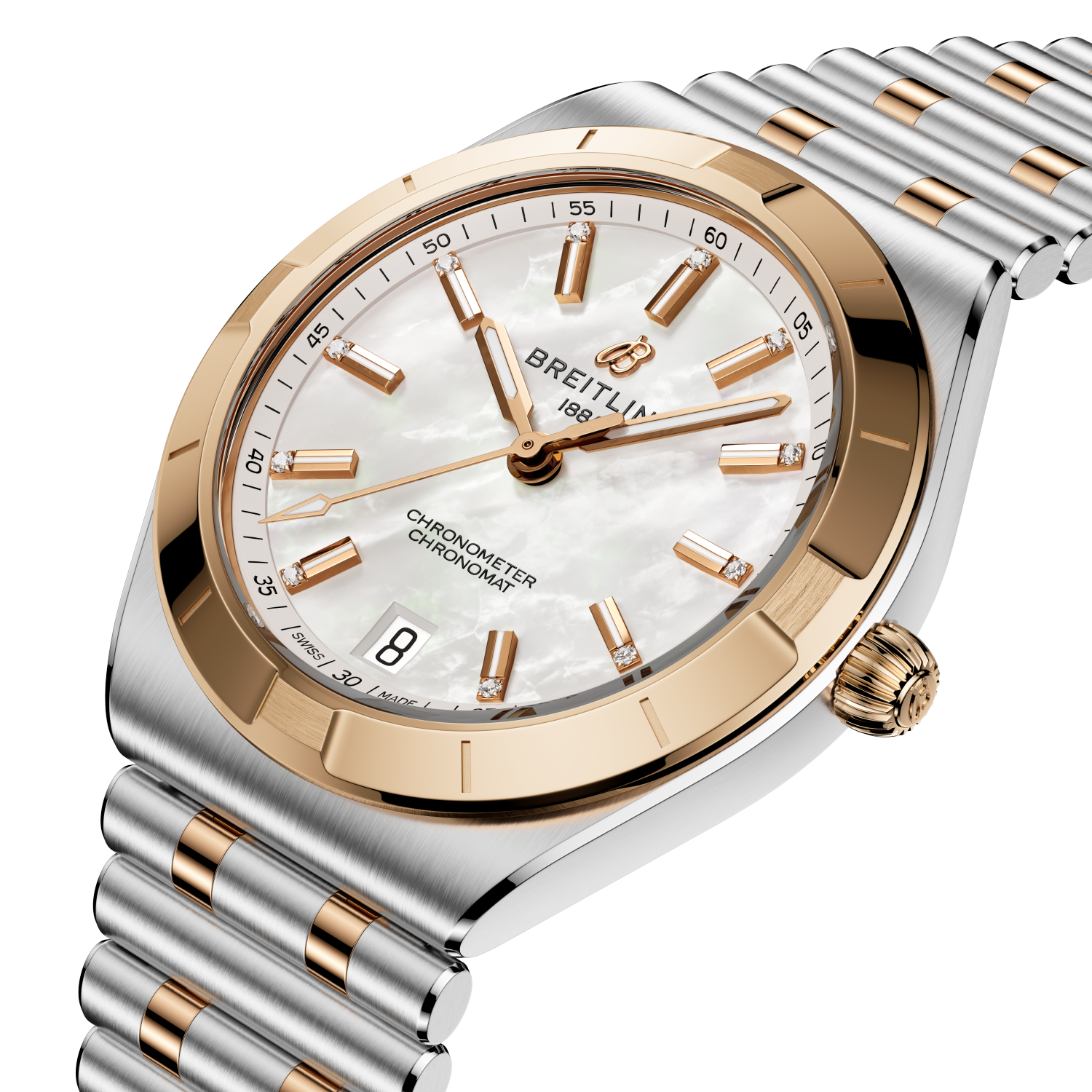 Breitling Chronomat Automatic 36 reference U10320101A1U1 with Mother-of-pearl dial, Stainless steel & 18k red gold case, bracelet, three-quarter view