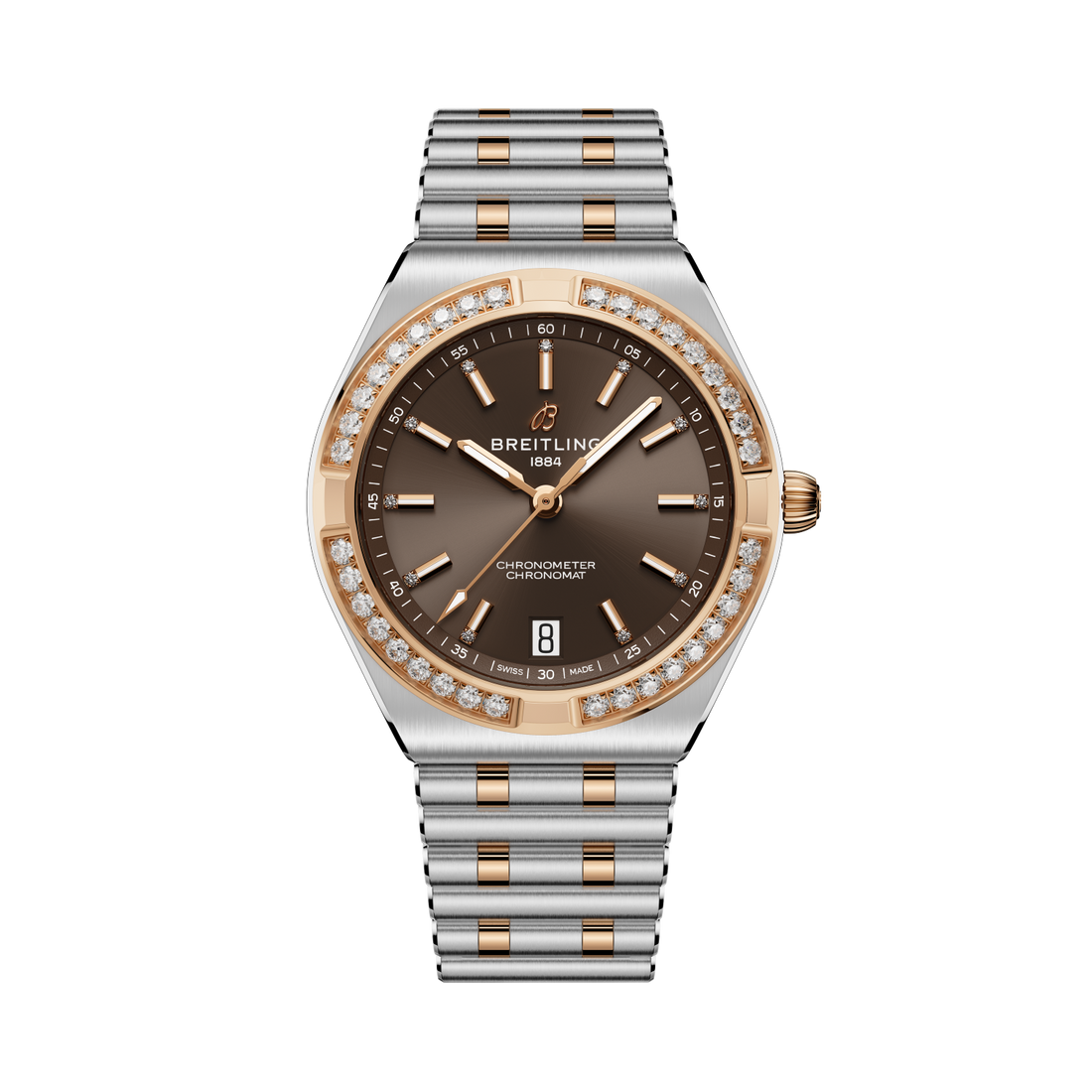 Breitling Chronomat Automatic 36 reference U10320591Q1U1 with Brown dial, Stainless steel & 18k red gold case, bracelet, front view