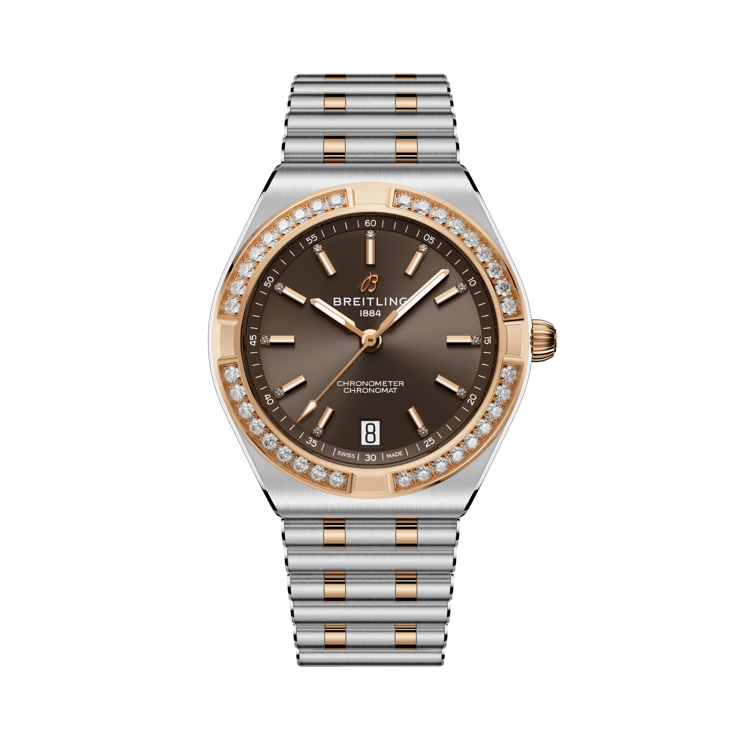 Breitling Chronomat Automatic 36 reference U10320591Q1U1 with Brown dial, Stainless steel & 18k red gold case, bracelet, front view