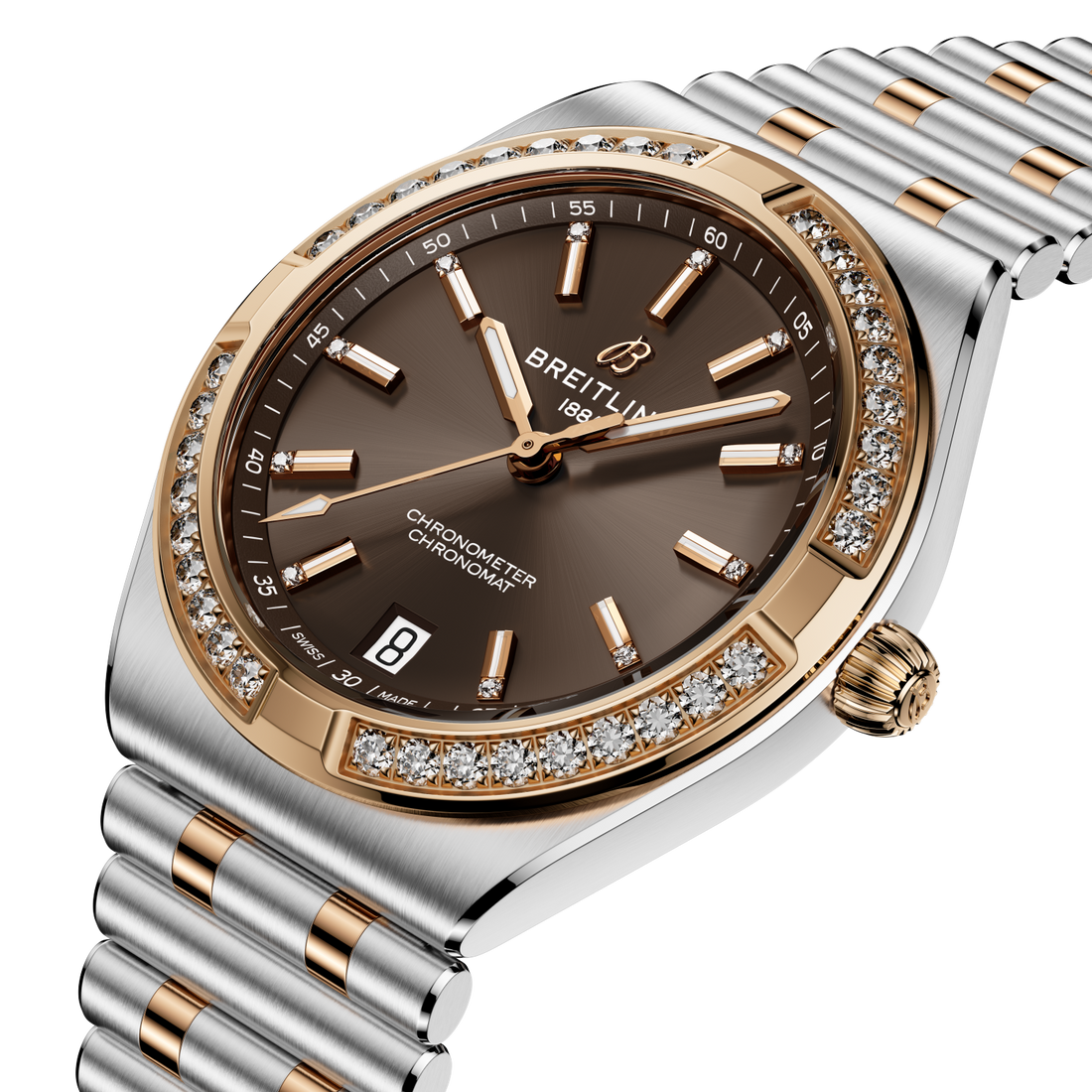 Breitling Chronomat Automatic 36 reference U10320591Q1U1 with Brown dial, Stainless steel & 18k red gold case, bracelet, front view