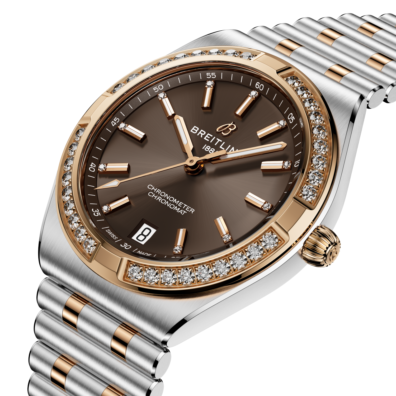 Breitling Chronomat Automatic 36 reference U10320591Q1U1 with Brown dial, Stainless steel & 18k red gold case, bracelet, three-quarter view