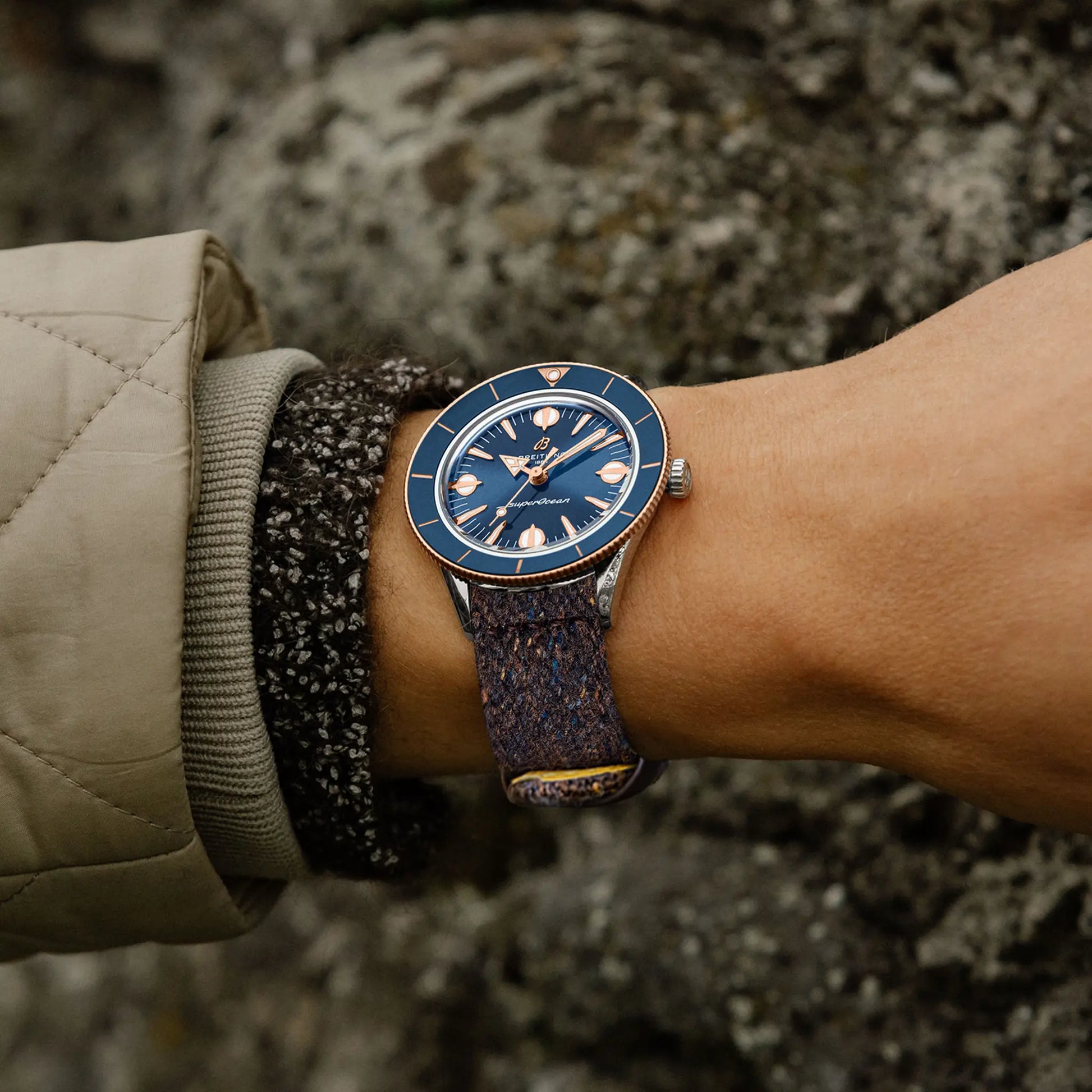 Breitling Superocean Heritage '57 Highlands reference U10340161C1A1 with Blue dial, Stainless steel & 18k red gold case, bracelet, on-wrist view