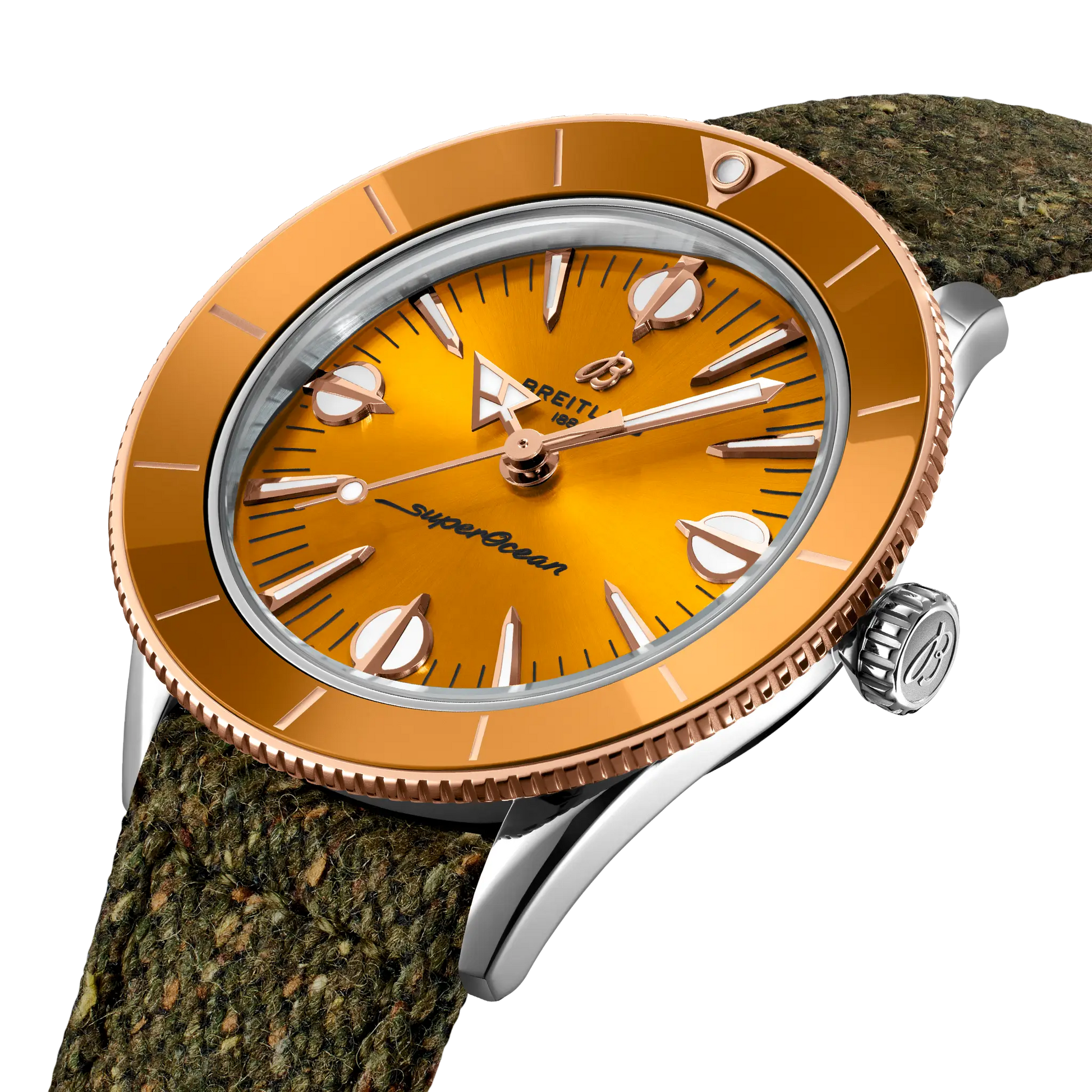 Breitling Superocean Heritage '57 Highlands reference U10340281I1A1 with Mustard dial, Stainless steel & 18k red gold case, bracelet, three-quarter view