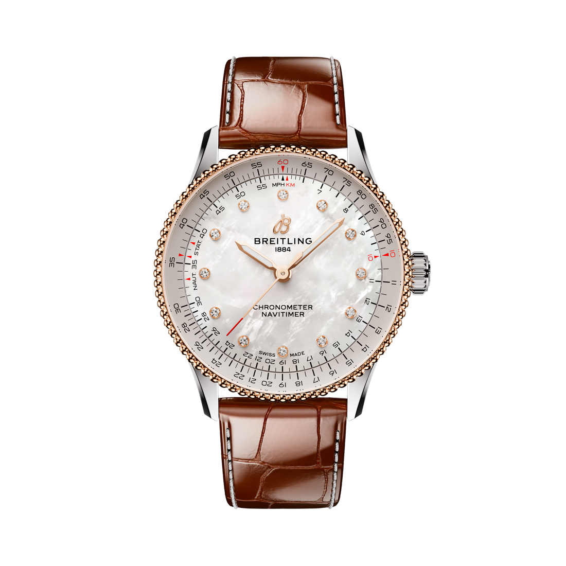 Breitling Navitimer Automatic 36 reference U17327211A1P1 with Mother-of-pearl dial, Stainless steel & 18k red gold case, brown alligator strap, front view